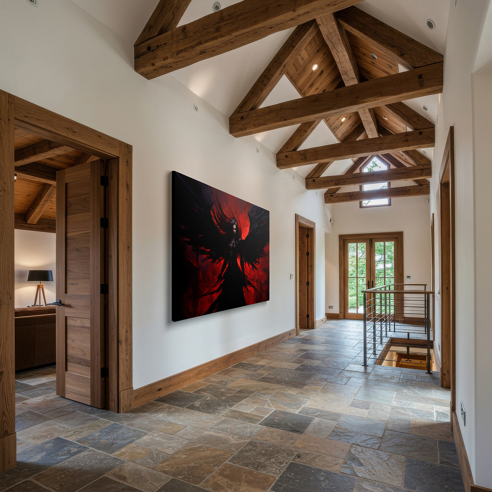 Presented on a clean white gallery wall with ample space — dark angel in metallic armor with a crimson background, emblematic of resilience and mythical strength, large canvas wall art for office decor