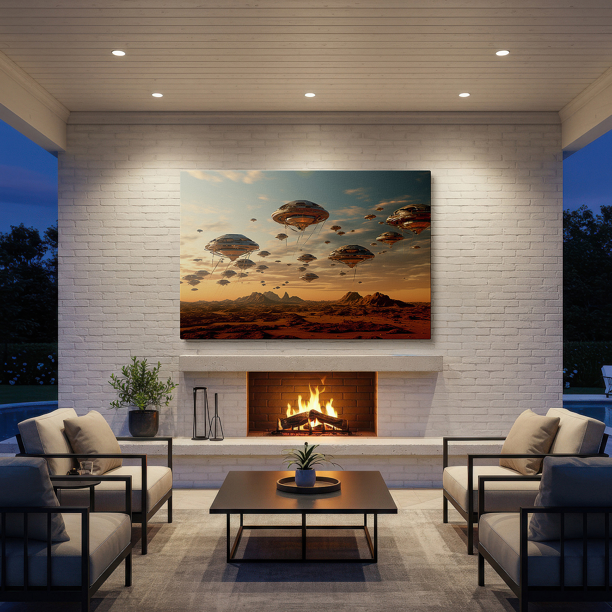 Presented on a clean white gallery wall with ample space — desert dawn and cosmic mystery: ufo-themed large wall art, canvas decor for office, bedroom, and living room