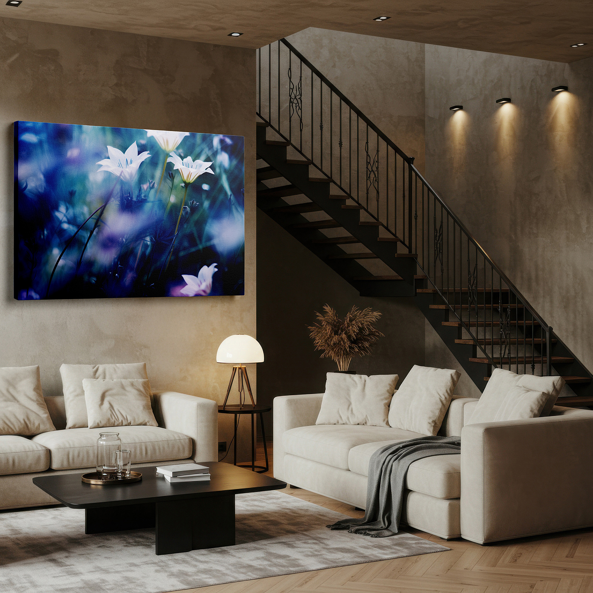 Presented on a clean white gallery wall with ample space — dreamlike ethereal garden with enchanted white flowers large wall art, canvas wall art, wall decor for office, bedroom, and living room