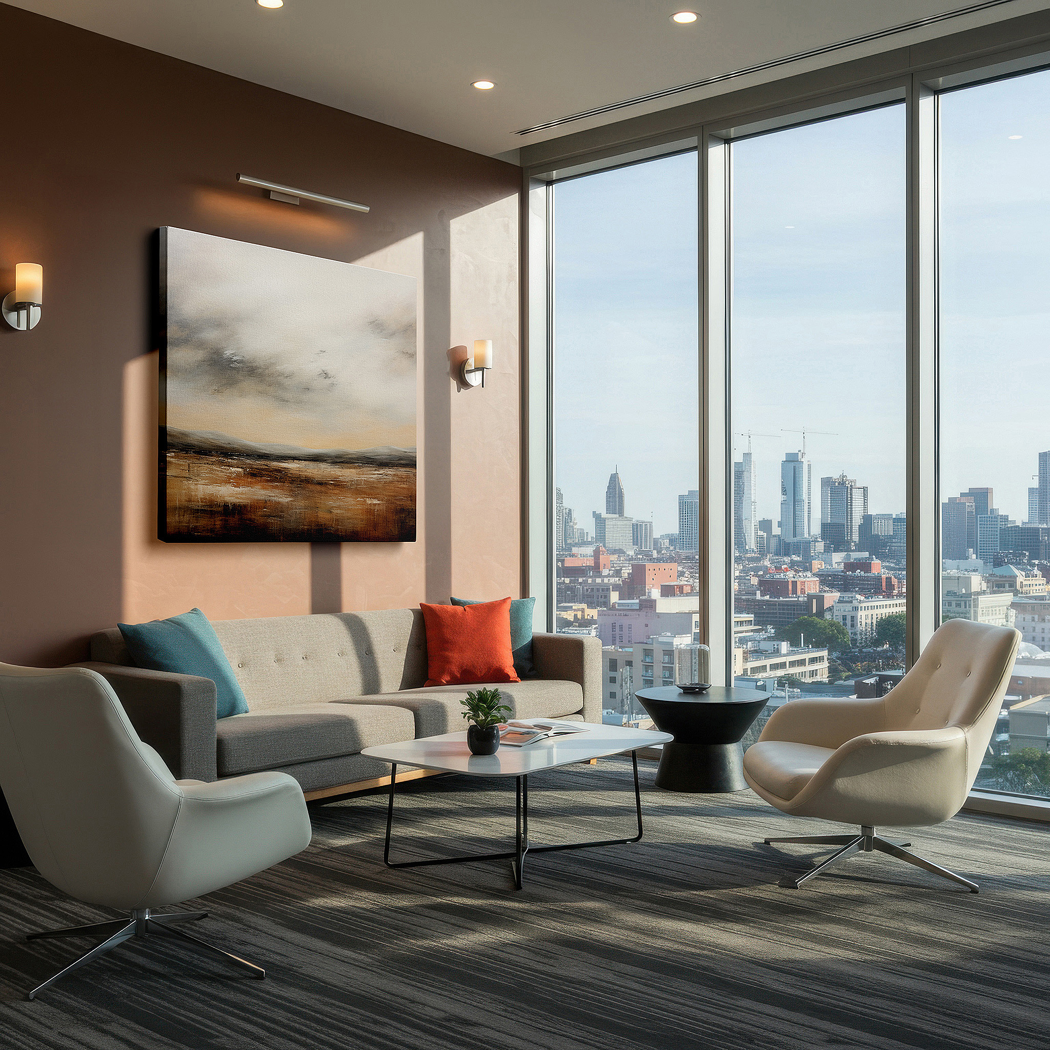 Presented on a clean white gallery wall with ample space — dreamlike serene landscape in soft earthy tones: large canvas wall art for peace and reflection, perfect for office decor