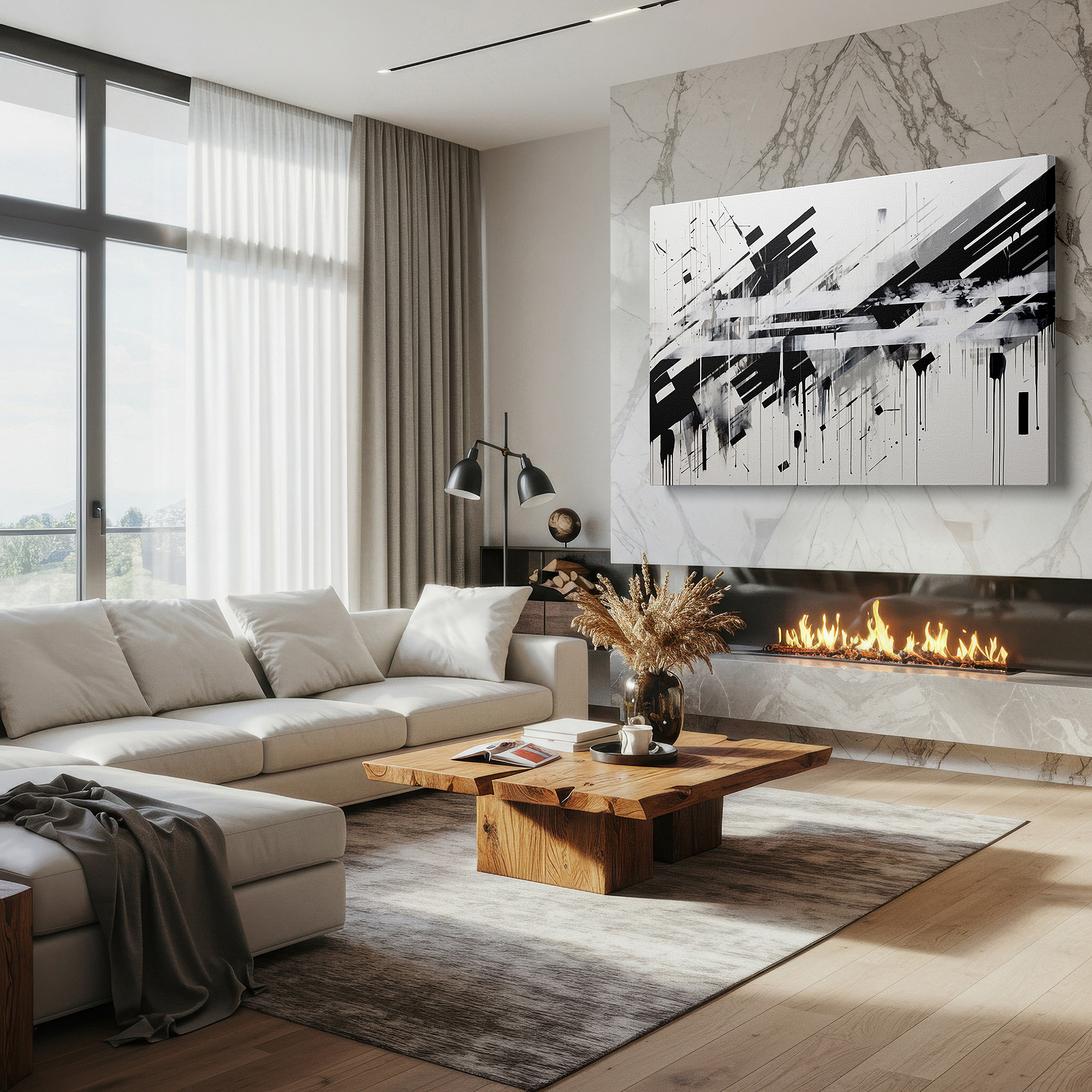 Presented on a clean white gallery wall with ample space — dynamic interplay of black and white in abstract expression: large wall art for offices, bedrooms, and living spaces