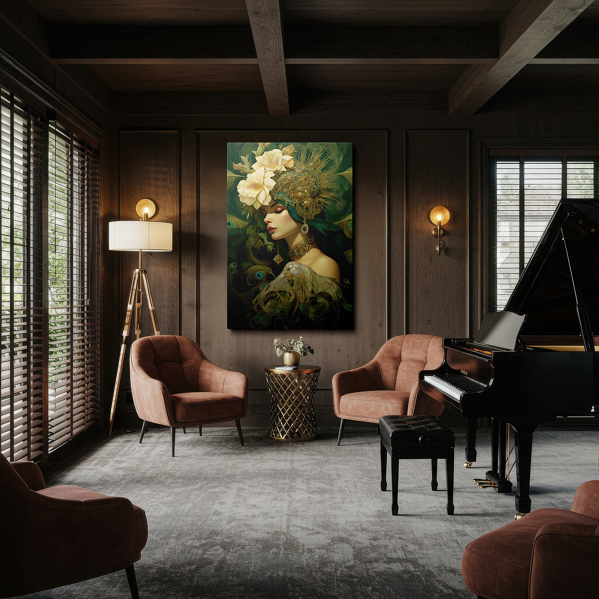Presented on a clean white gallery wall with ample space — elegant and natural feminine grace: mysterious and beautiful large wall art, canvas wall art for home and office decor