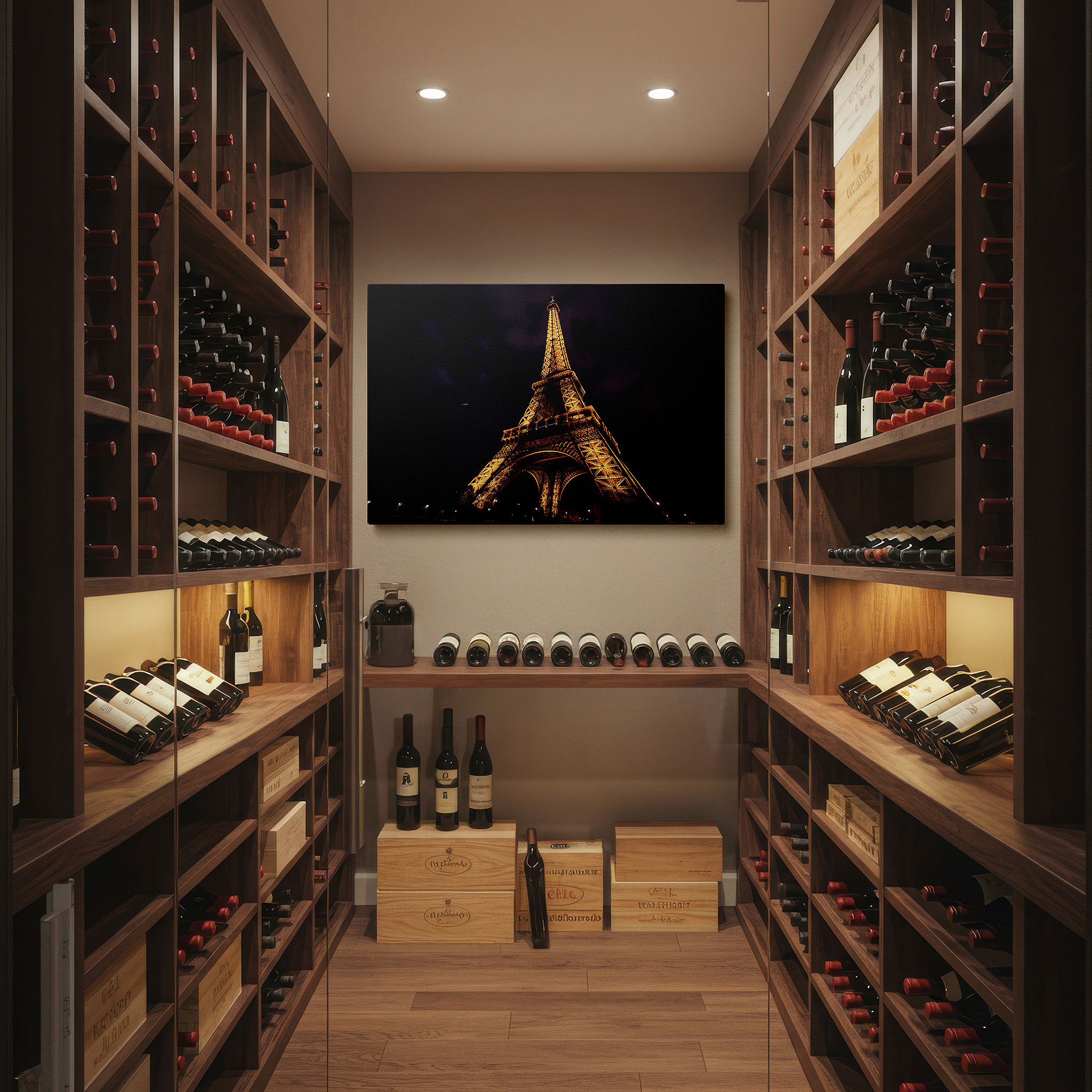 Presented on a clean white gallery wall with ample space — elegant parisian and architectural splendor of the eiffel tower at night large wall art, canvas wall art, wall decor, office wall art