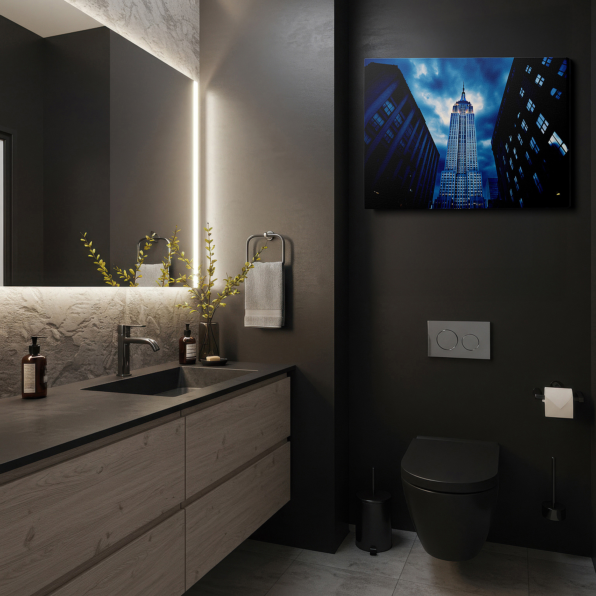 Presented on a clean white gallery wall with ample space — empire state building against a dramatic night sky: a tribute to new york's architectural grandeur and ambitious essence - large canvas wall art