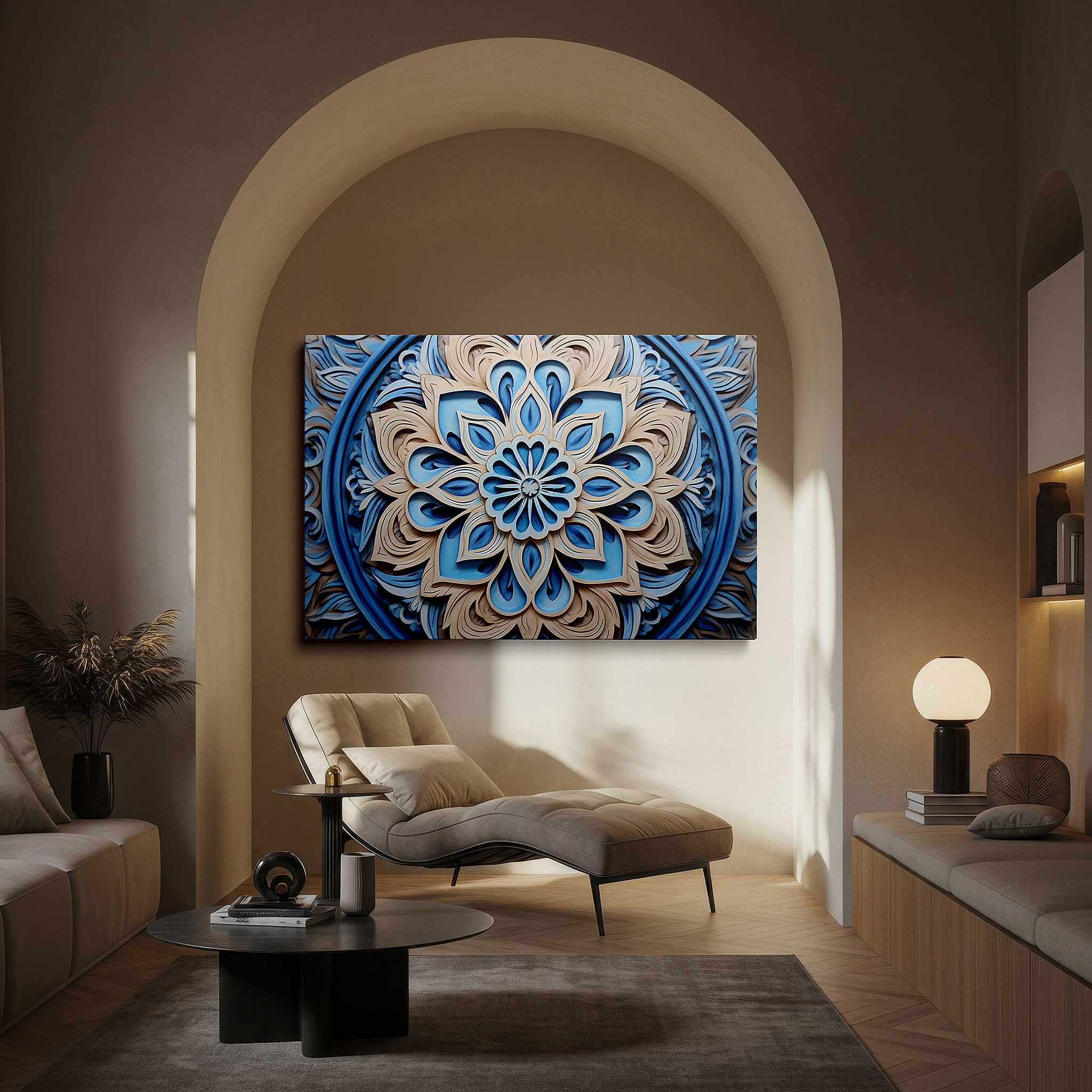 Presented on a clean white gallery wall with ample space — enchanting floral wood carving wall art in soft blues and gentle beige tones - large canvas wall art for office and bedroom decor