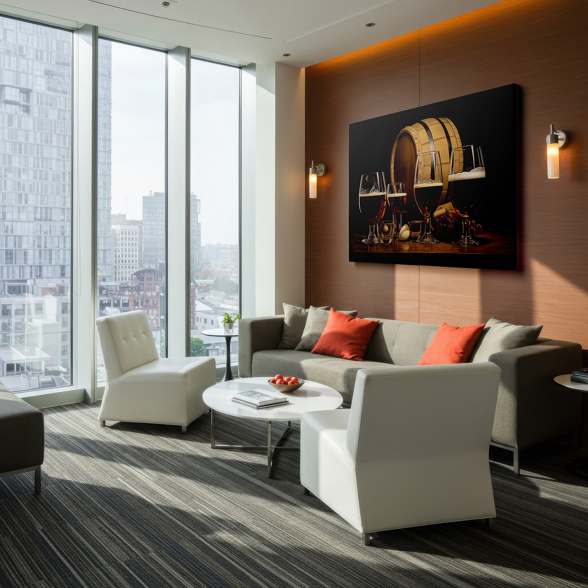Presented on a clean white gallery wall with ample space — enjoying exquisite drinks and cozy times with rustic elegance and crafted details - large wall art, canvas wall art, wall decor, office wall art