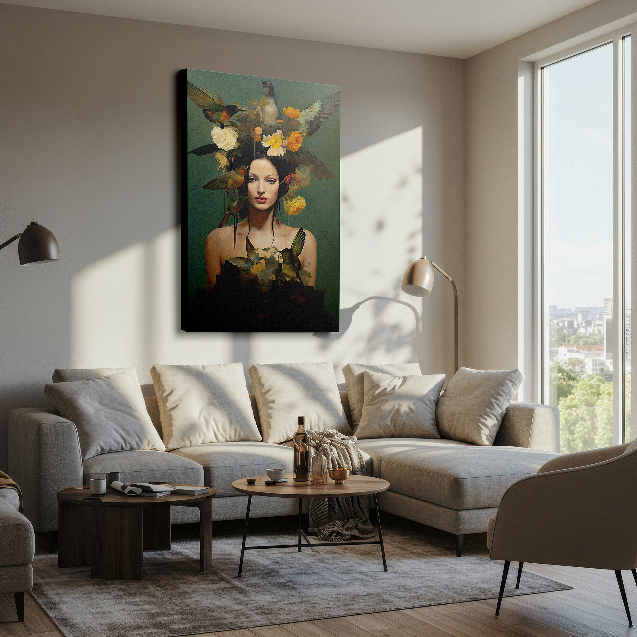 Presented on a clean white gallery wall with ample space — ethereal beauty and freedom with a crown of birds and flowers: large canvas wall art for office, bedroom, and living room decor