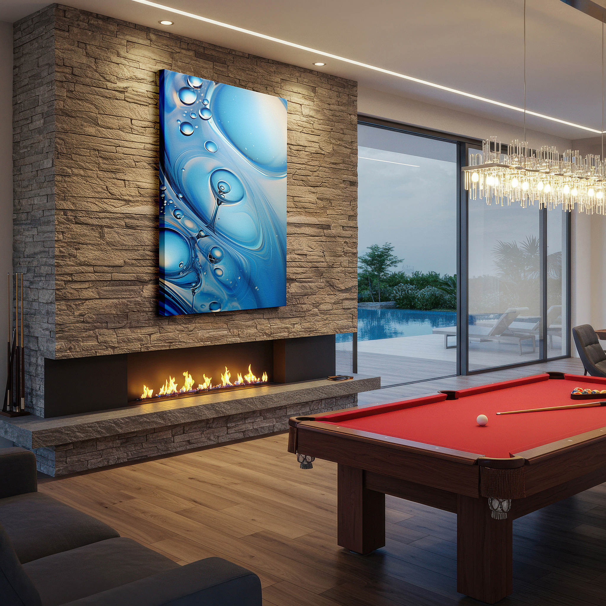 Presented on a clean white gallery wall with ample space — exploring aquatic blues: abstract water essence with dynamic textures and luminous light interplay - large canvas wall art decor