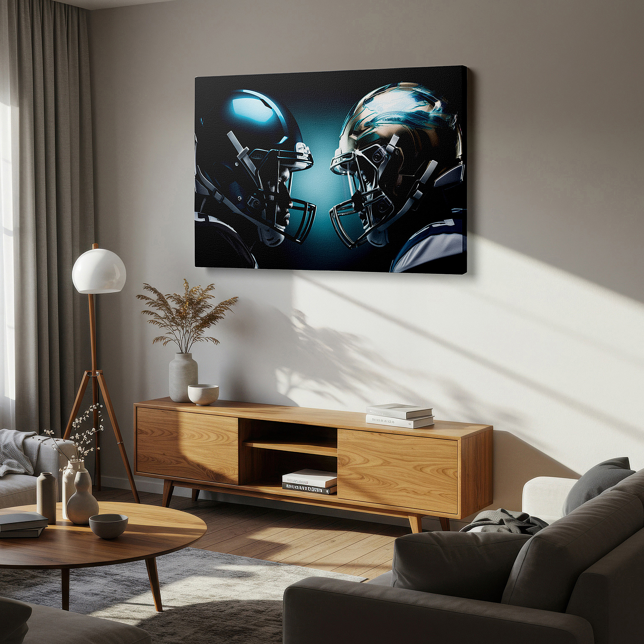 Presented on a clean white gallery wall with ample space — football rivalry helmets - intense pre-game face-off depicting the competitive essence of football, large canvas wall art for office decor