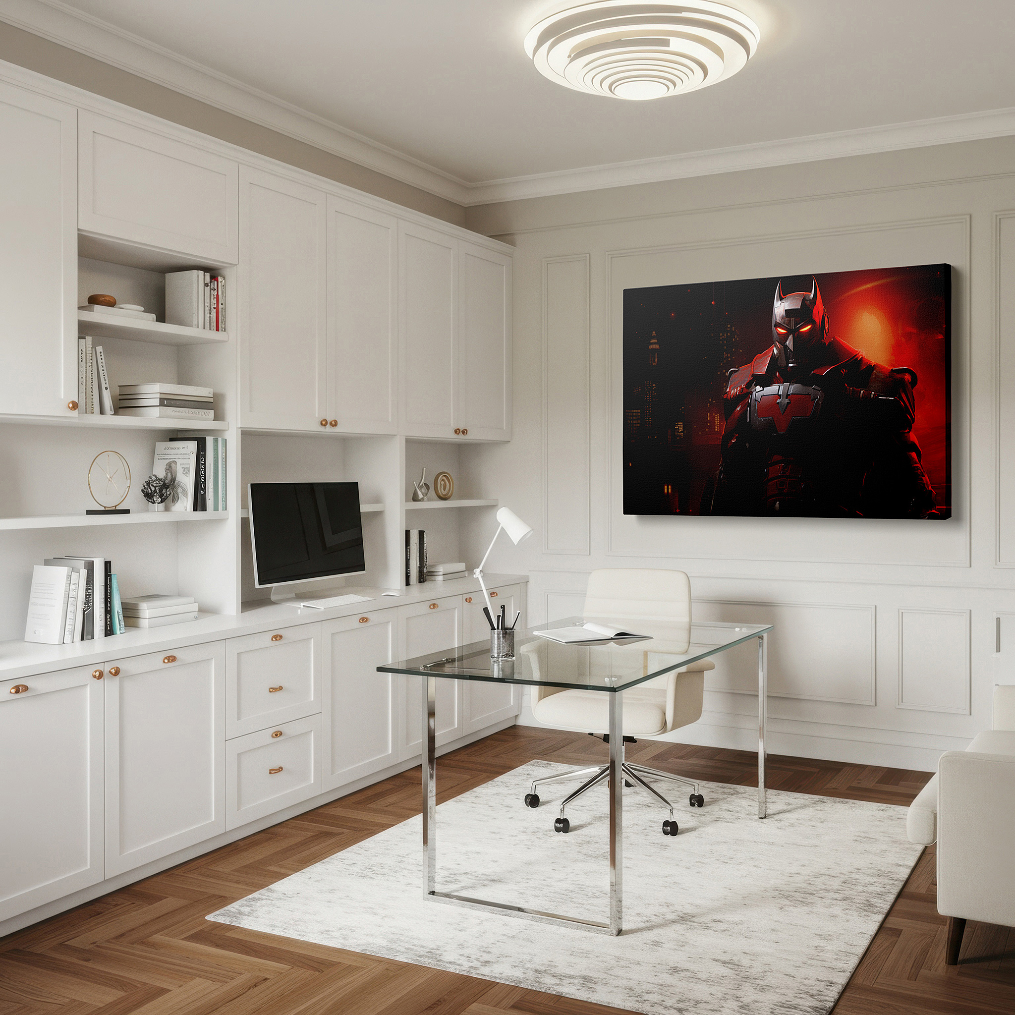 Presented on a clean white gallery wall with ample space — futuristic robotic hero in urban shadows: a symbol of resilience and technological wonder - large wall art, canvas wall art, wall decor for office