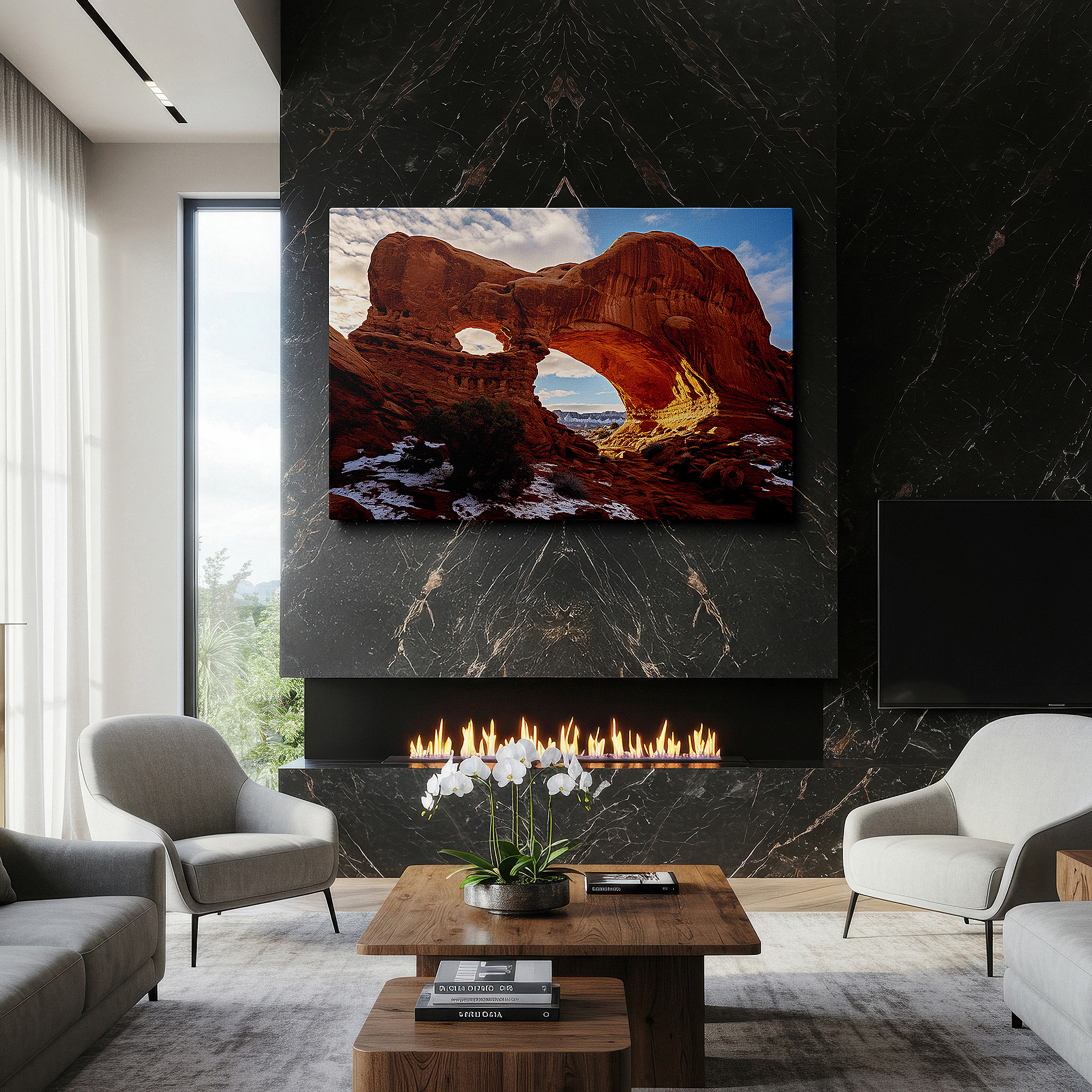 Presented on a clean white gallery wall with ample space — golden sunlit majestic arches: windows to the world - large canvas wall art for office and bedroom decor
