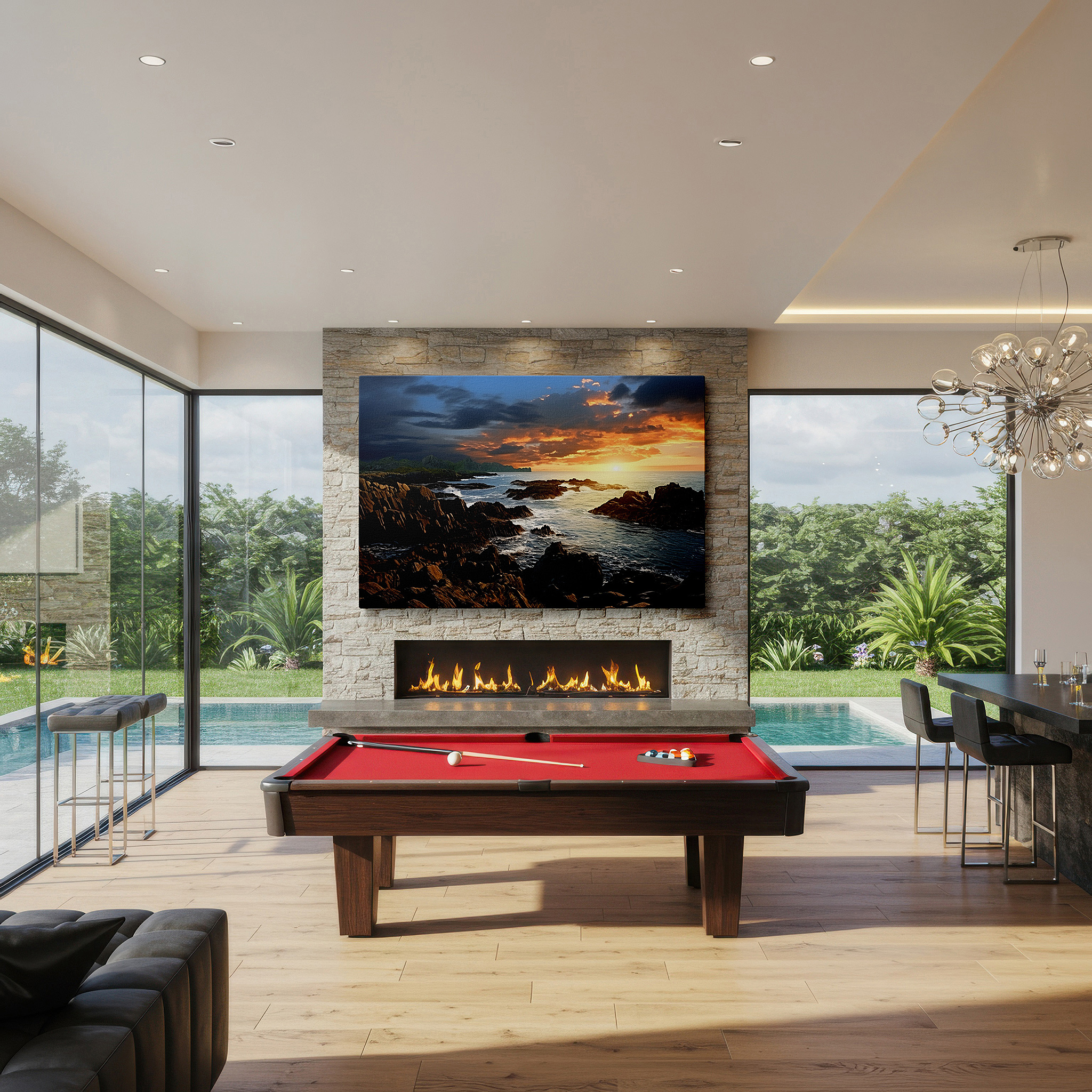 Presented on a clean white gallery wall with ample space — golden sunset on rugged coastline: a vivid symphony of light and shadow - large canvas wall art for home and office decor