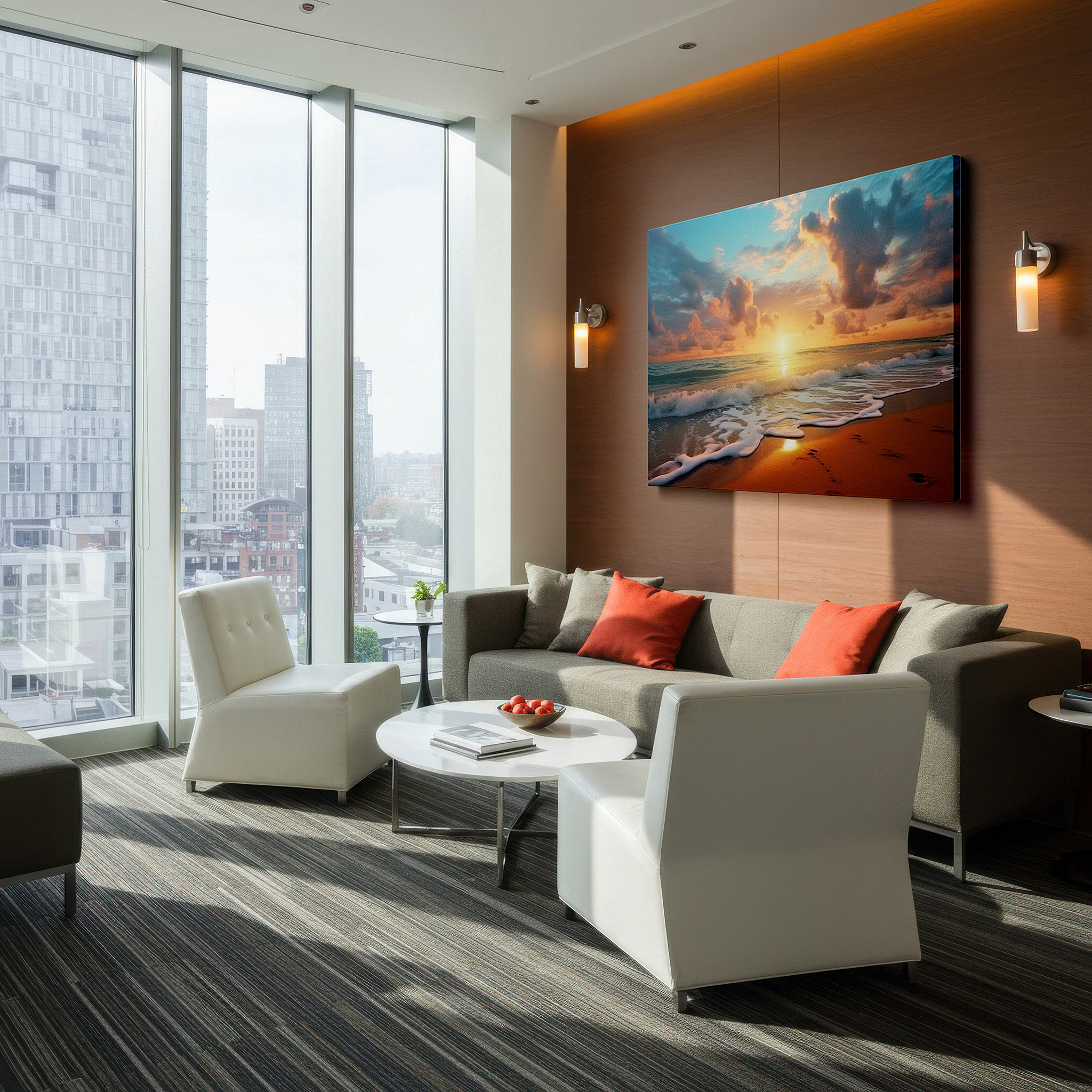 Presented on a clean white gallery wall with ample space — golden sunset serenity with tranquil ocean waves - large canvas wall art for office and bedroom decor