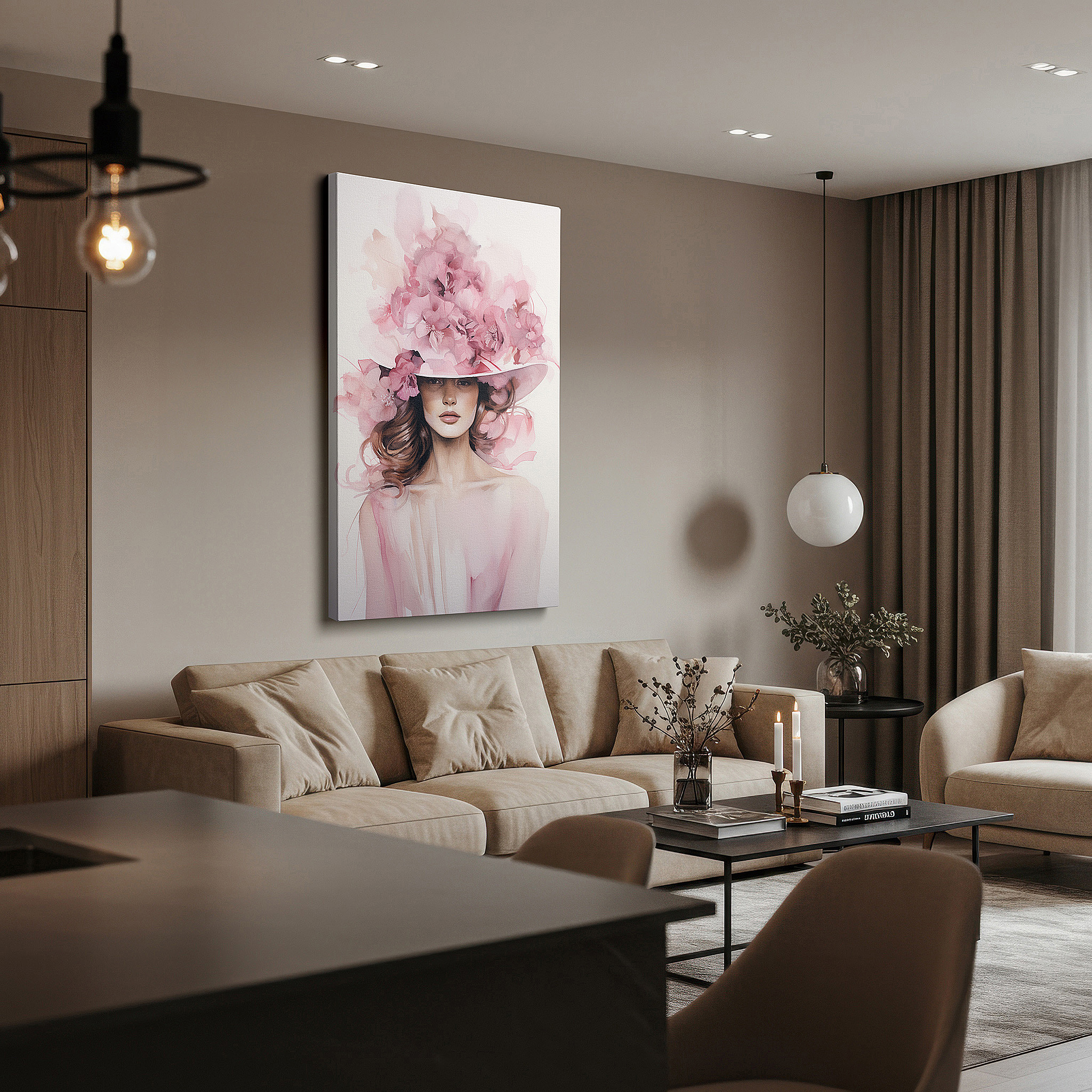 Presented on a clean white gallery wall with ample space — grace and bloom - tranquil depiction of a woman in a floral hat, soft pastel large canvas wall art for home and office decor