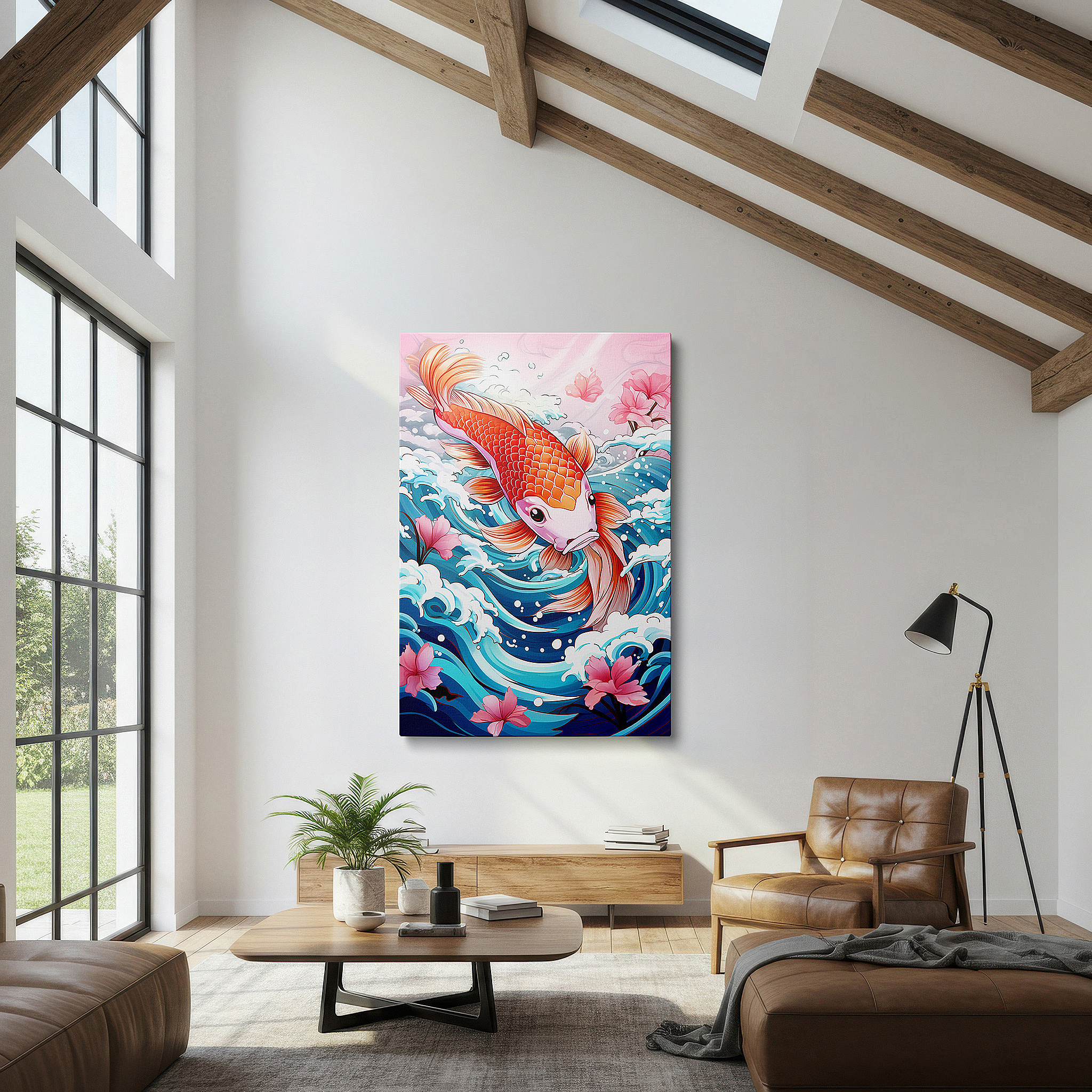 Presented on a clean white gallery wall with ample space — graceful koi fish swimming in peaceful waters, tranquil and elegant large wall art, canvas wall art, wall decor for office