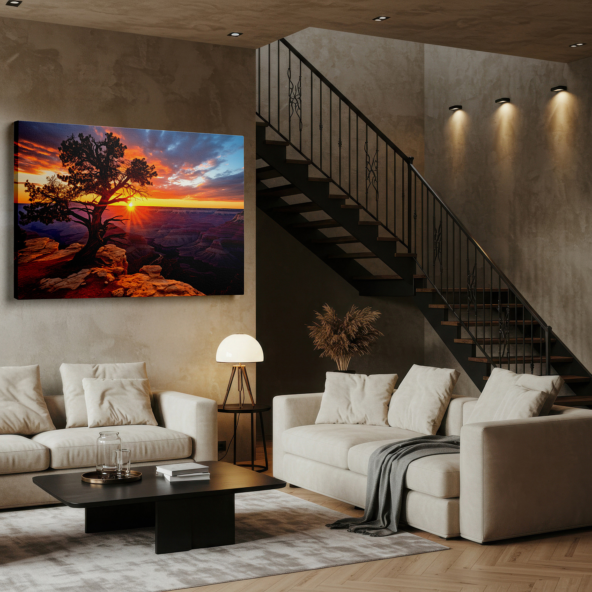 Presented on a clean white gallery wall with ample space — grand canyon sunset and silhouetted tree - nature's masterpiece large wall art, canvas wall art, wall decor for office