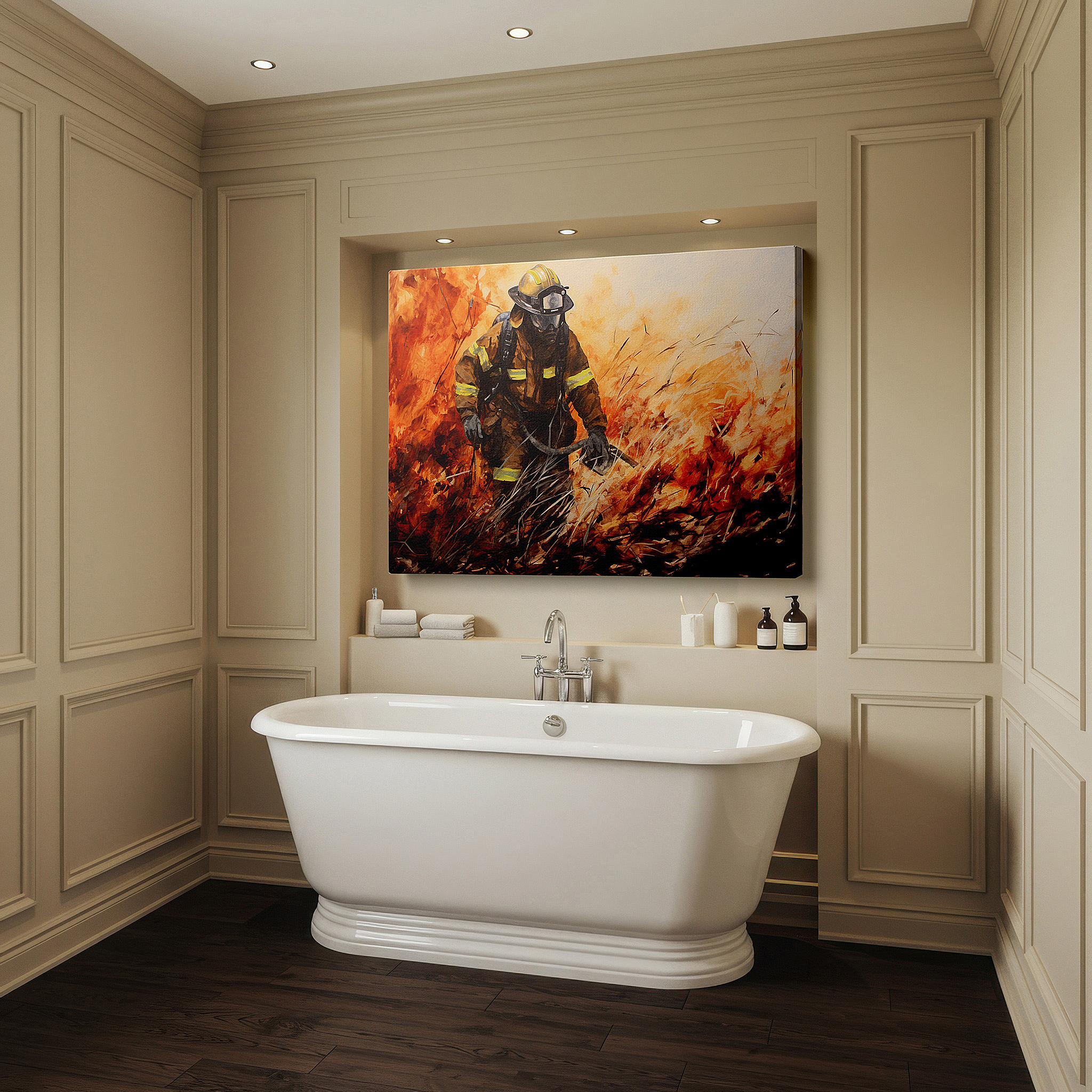Presented on a clean white gallery wall with ample space — heroic firefighter confronts inferno: large canvas wall art for office and bedroom decor