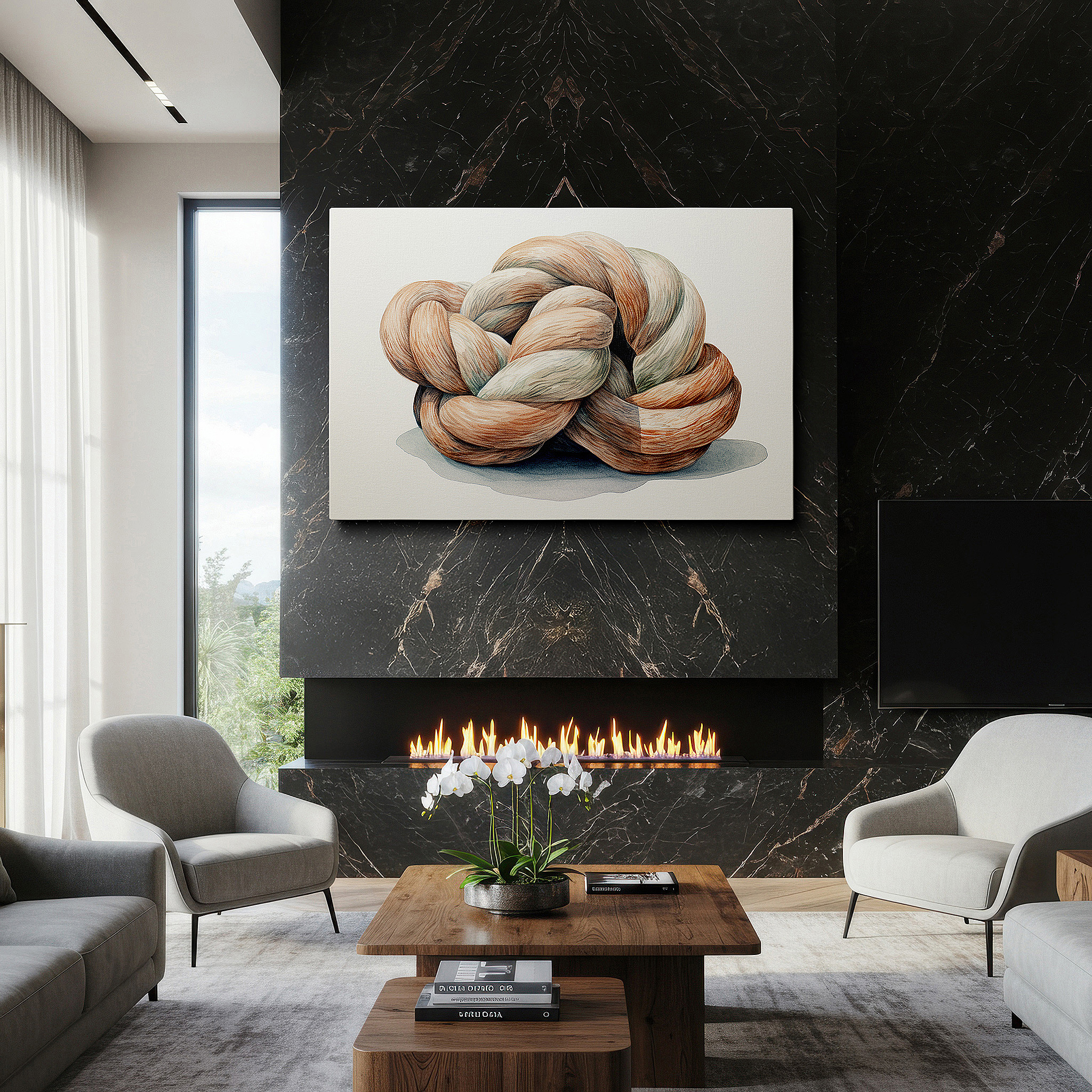 Presented on a clean white gallery wall with ample space — intricate rope knot canvas art representing life's connections - ideal for office and bedroom wall decor