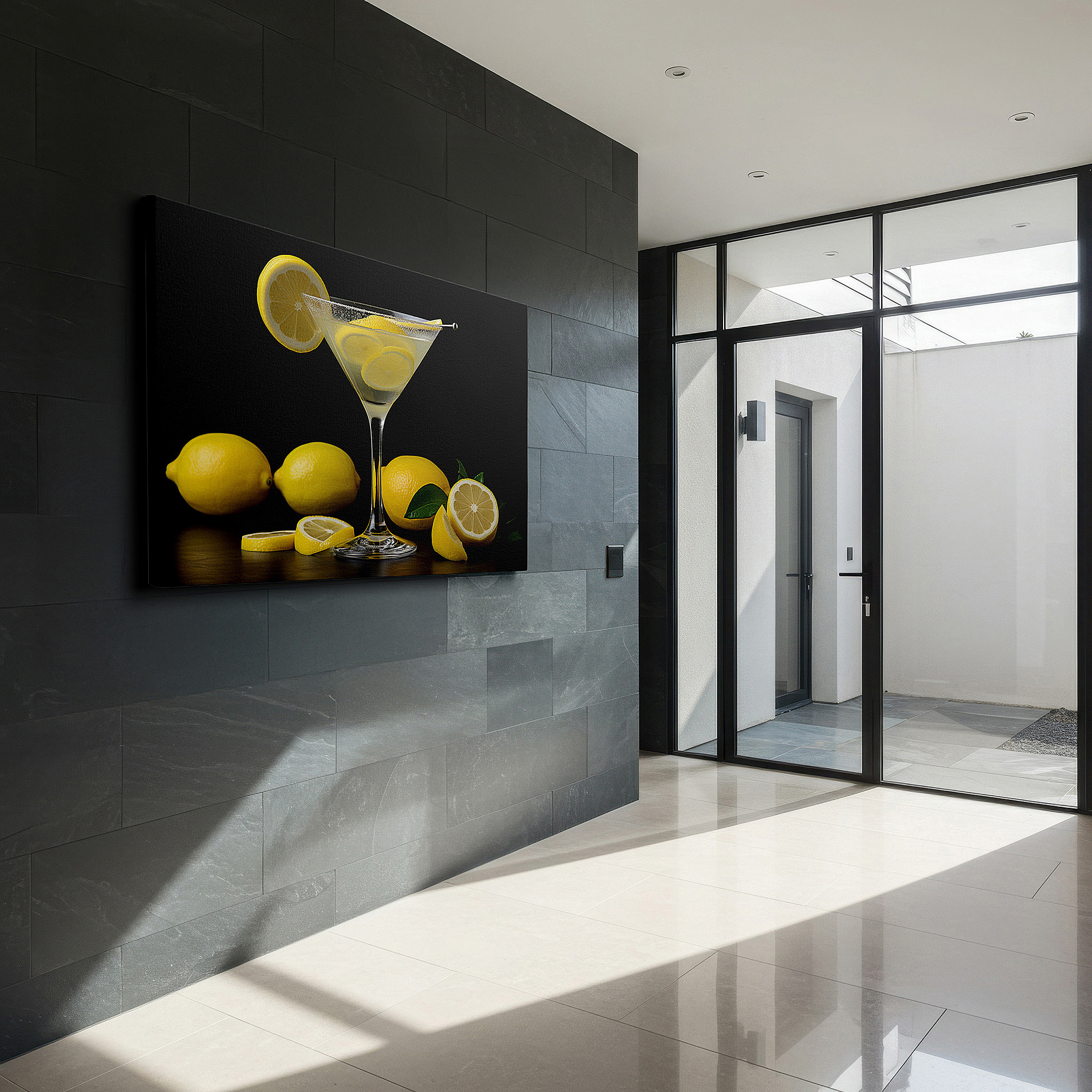 Presented on a clean white gallery wall with ample space — lemon martini wall art: vibrant masterpiece with a dark, mysterious backdrop - large canvas art for office and bedroom decor