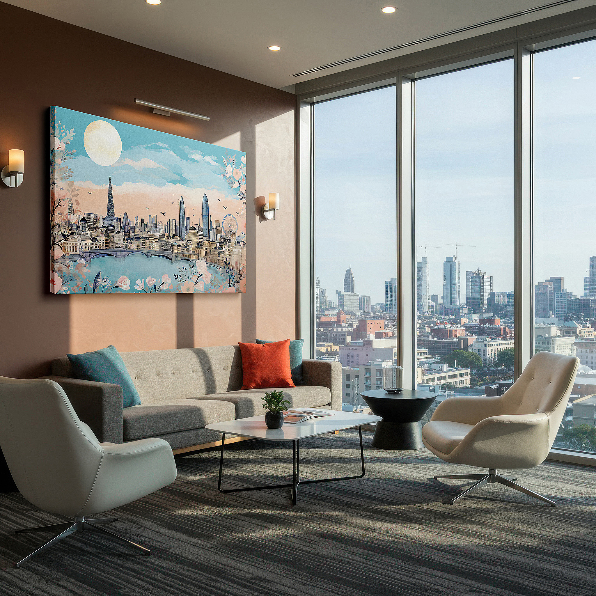 Presented on a clean white gallery wall with ample space — london's skyline and nature's charm: a perfect fusion of urban splendor and botanical peace - large wall art, canvas wall art, wall decor