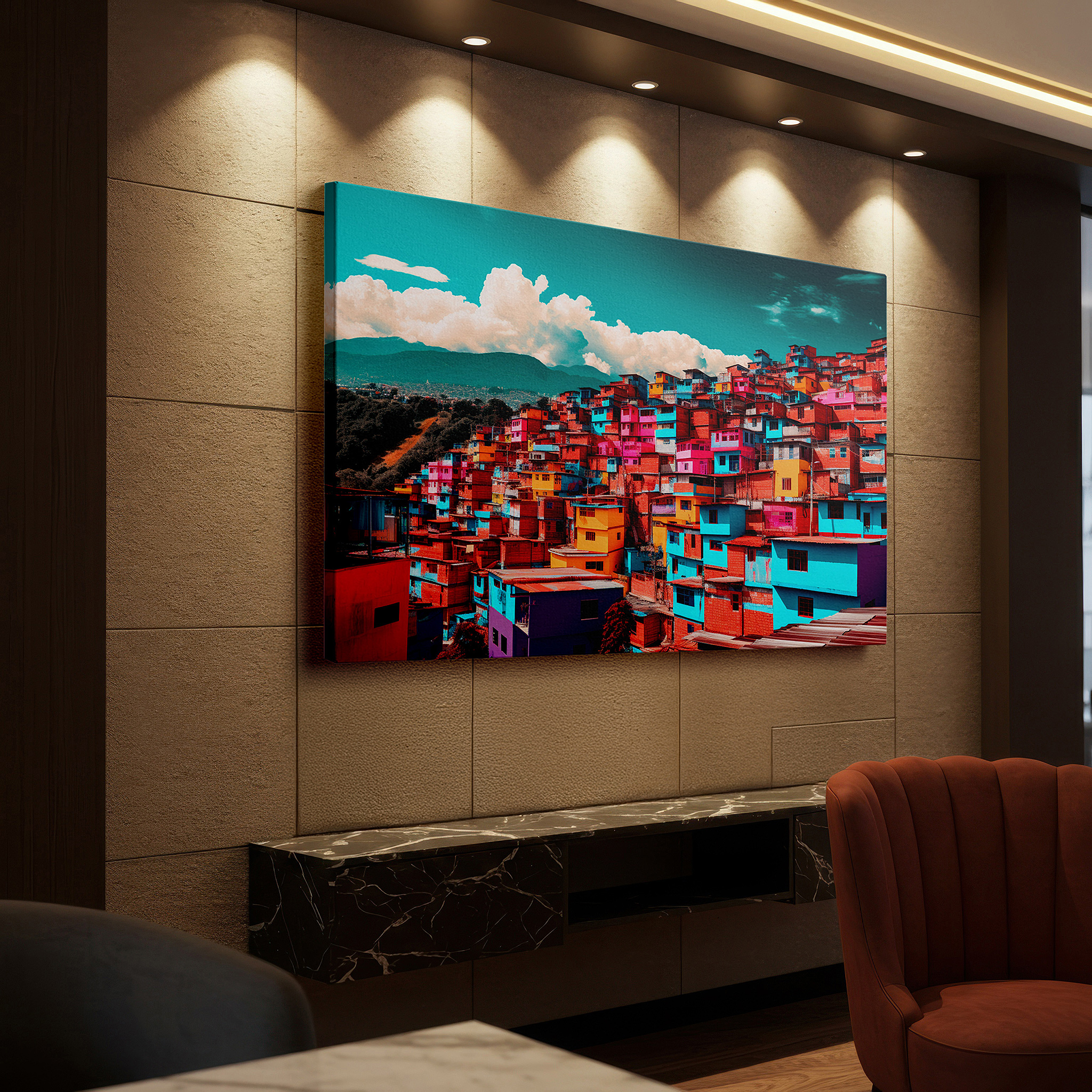 Presented on a clean white gallery wall with ample space — lush green mountain and vibrant hilltop community large wall art, canvas wall decor for office, bedroom, and living room