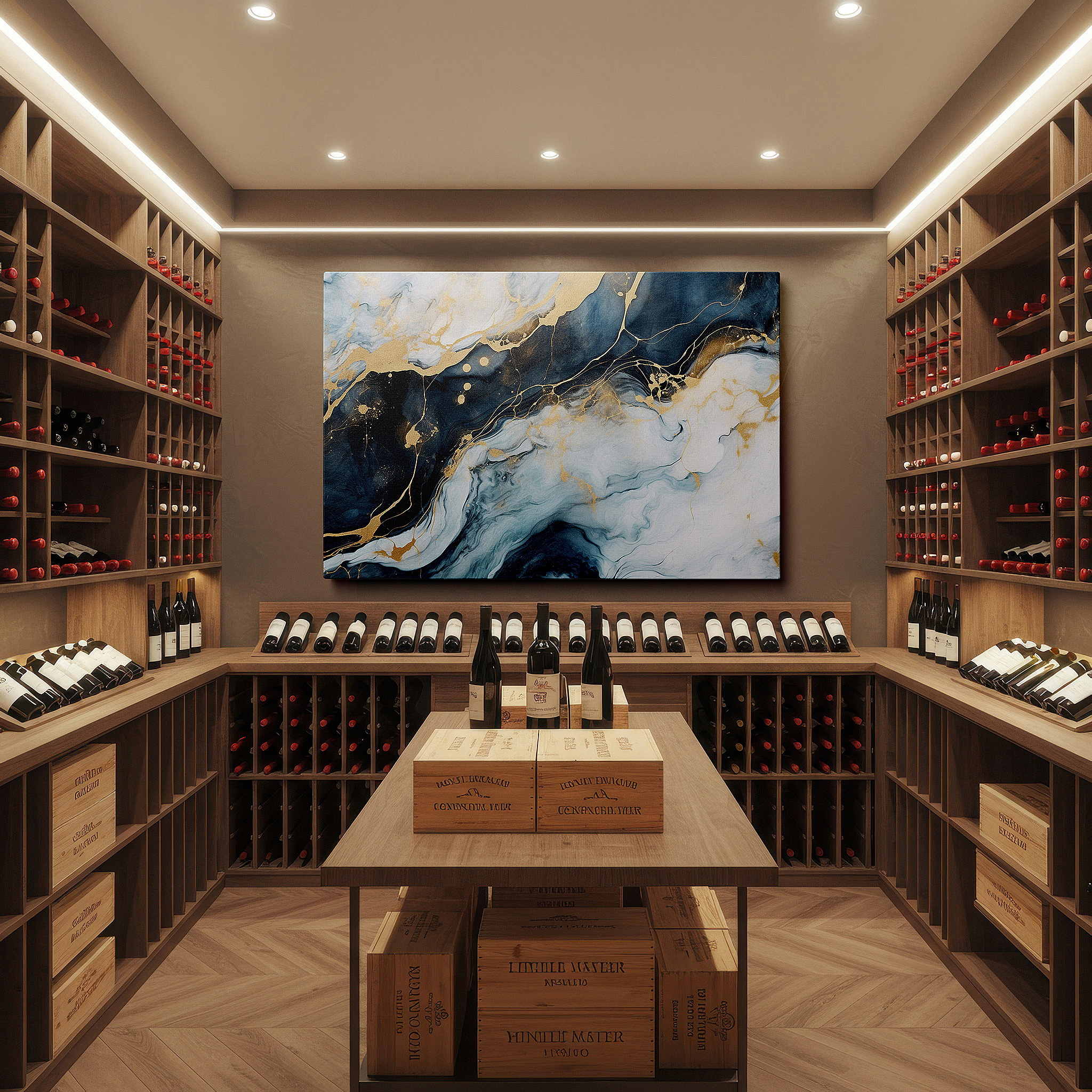 Presented on a clean white gallery wall with ample space — luxurious ocean blues and moonlit gold accents large wall art, canvas wall art, wall decor for office and bedroom
