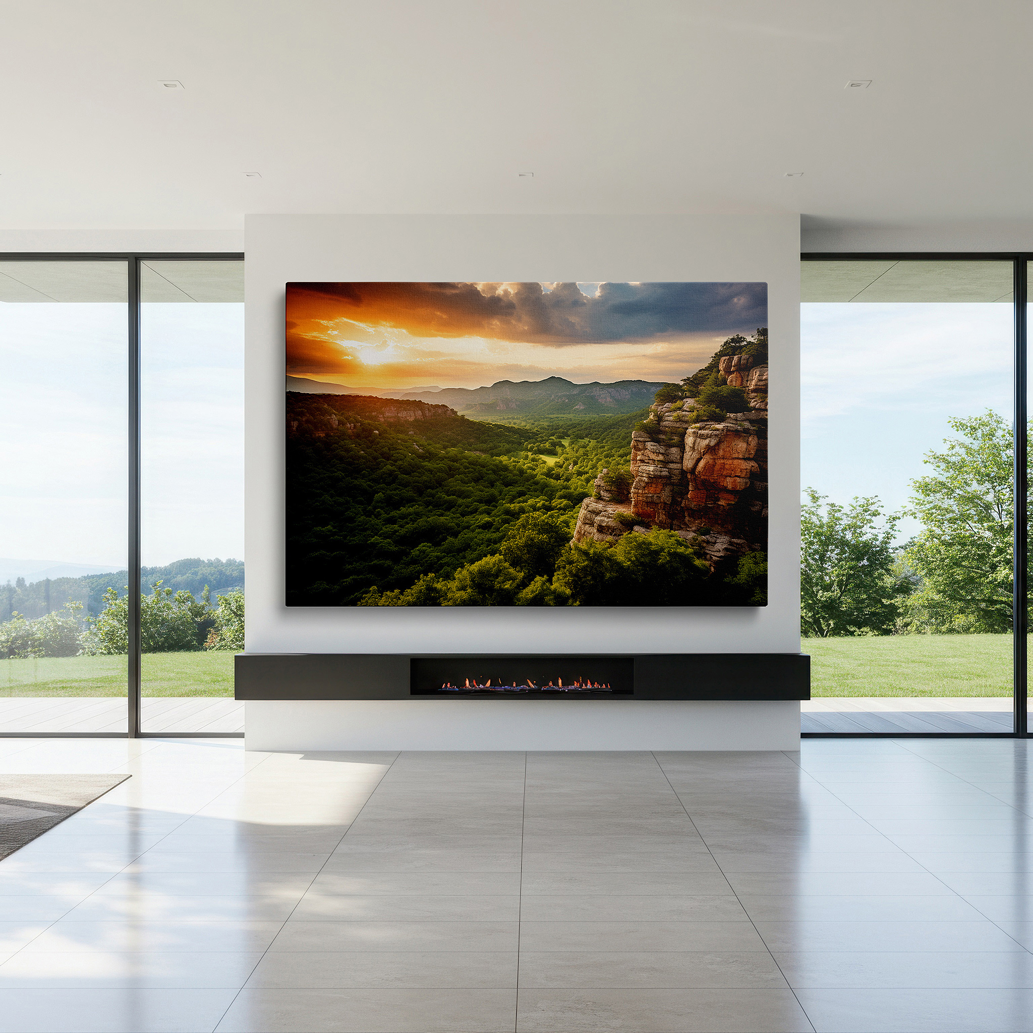 Presented on a clean white gallery wall with ample space — majestic cliffs and lush valley - tranquil nature scene for serene interiors: large wall art, canvas wall art, wall decor for office and bedroom