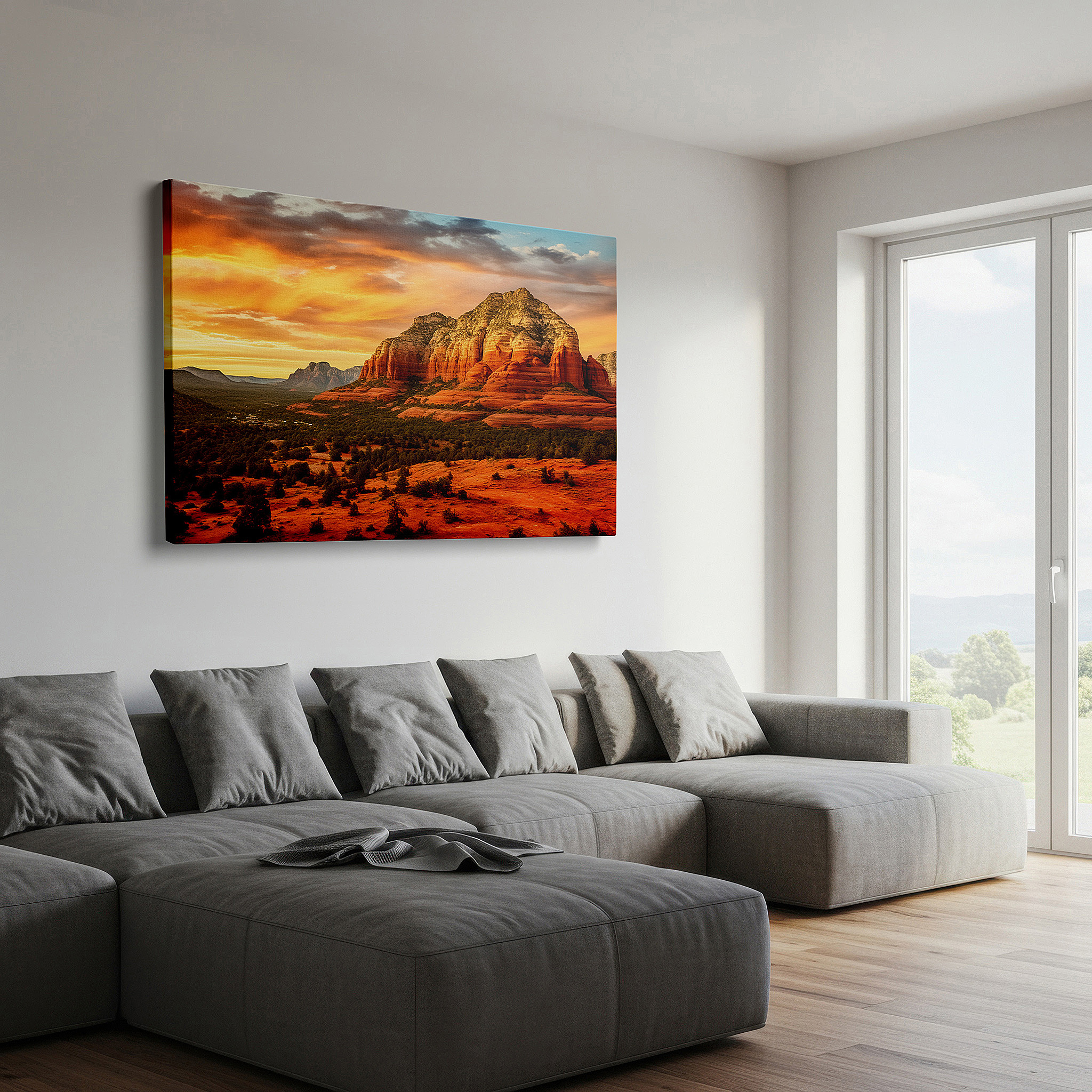 Presented on a clean white gallery wall with ample space — majestic sedona mountains in sunset glow - large canvas wall art for office, bedroom, and living room decor