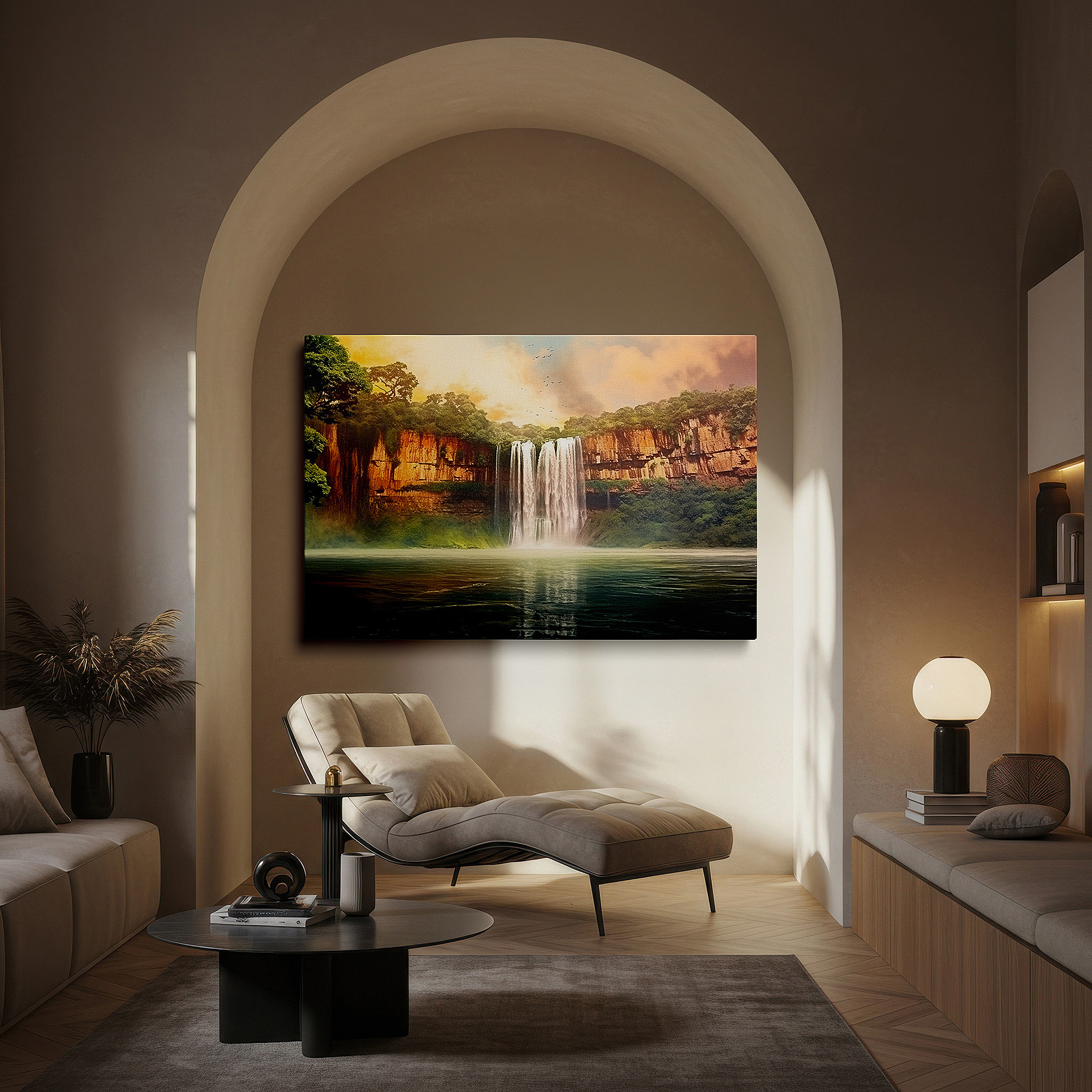 Presented on a clean white gallery wall with ample space — majestic waterfall canvas wall art: rugged cliffs and lush greenery illuminated by sunset hues