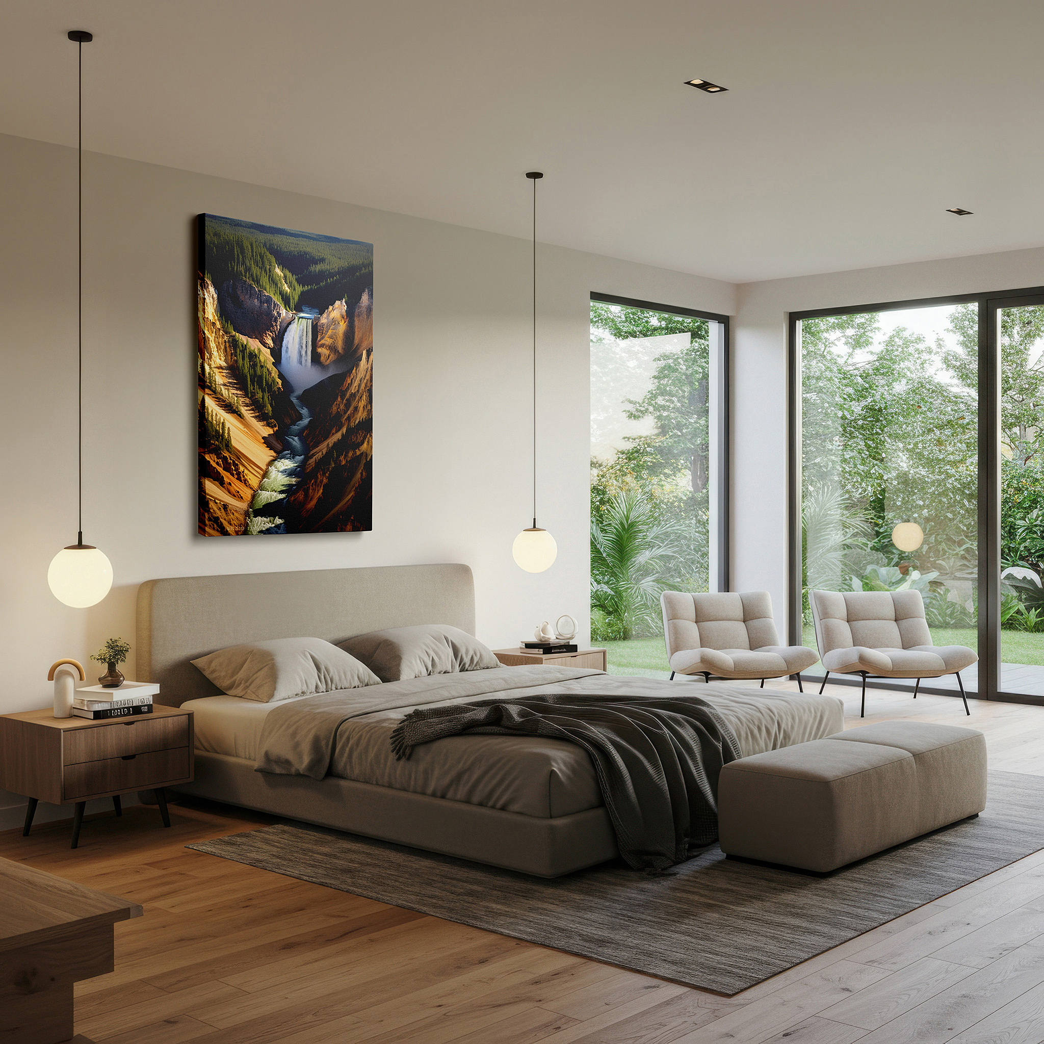 Presented on a clean white gallery wall with ample space — majestic waterfall and rugged canyon wall art - celebrating the power and beauty of nature, perfect for office and bedroom decor, available as large canvas