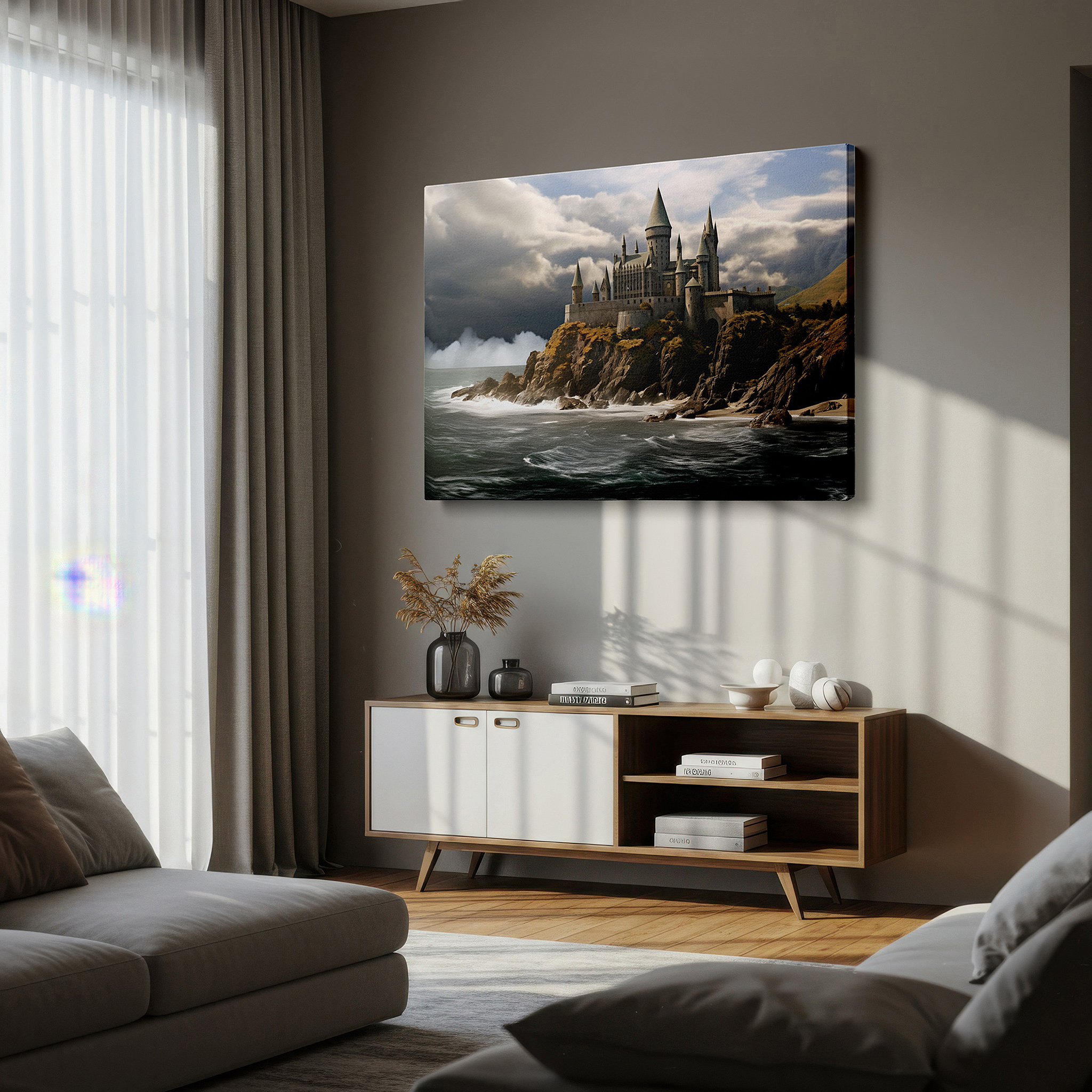 Presented on a clean white gallery wall with ample space — medieval castle on a cliff canvas print - majestic view over turquoise waters - large wall art for office and bedroom decor