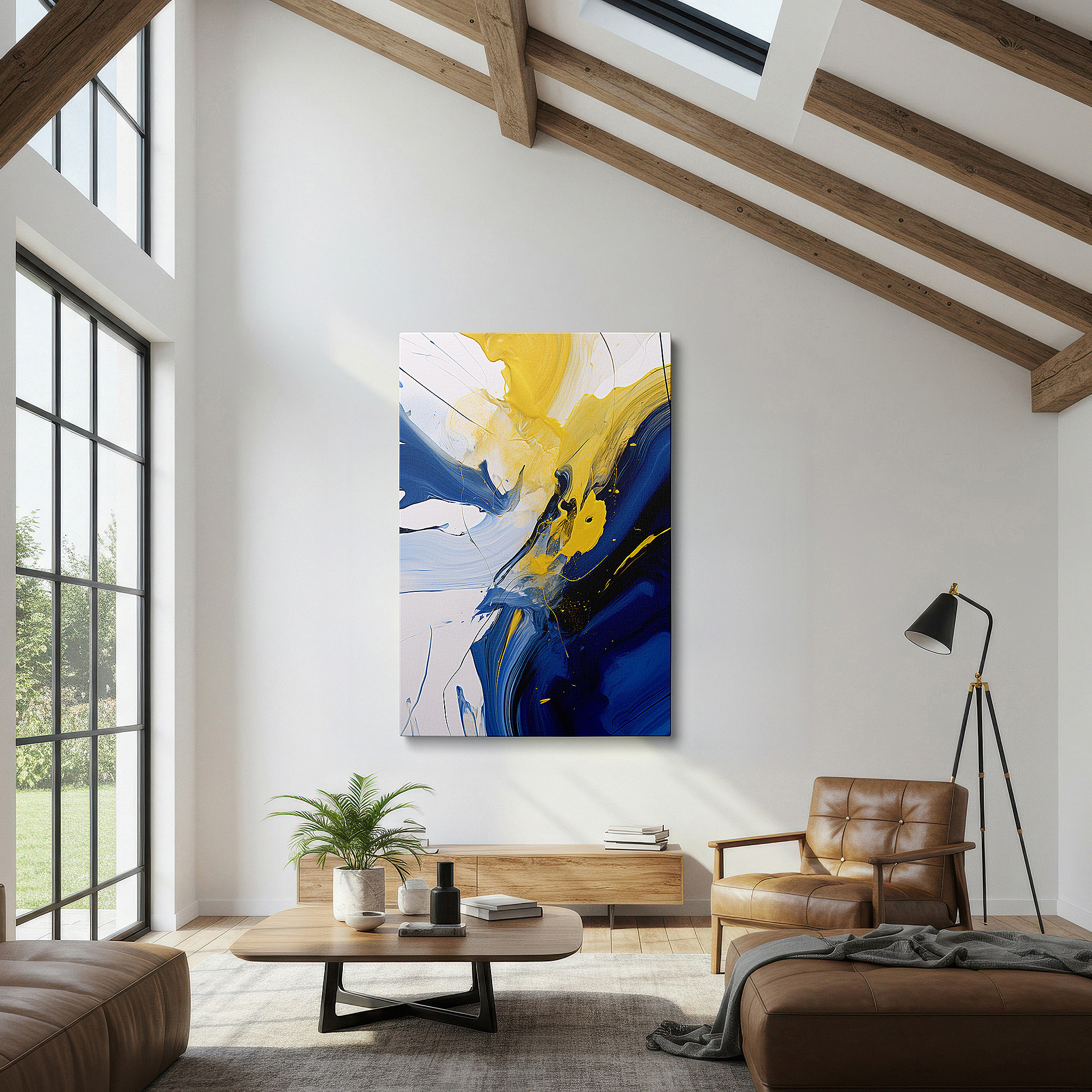 Presented on a clean white gallery wall with ample space — mesmerizing abstract display of dynamic blue and yellow swirls, large canvas wall art for office decor