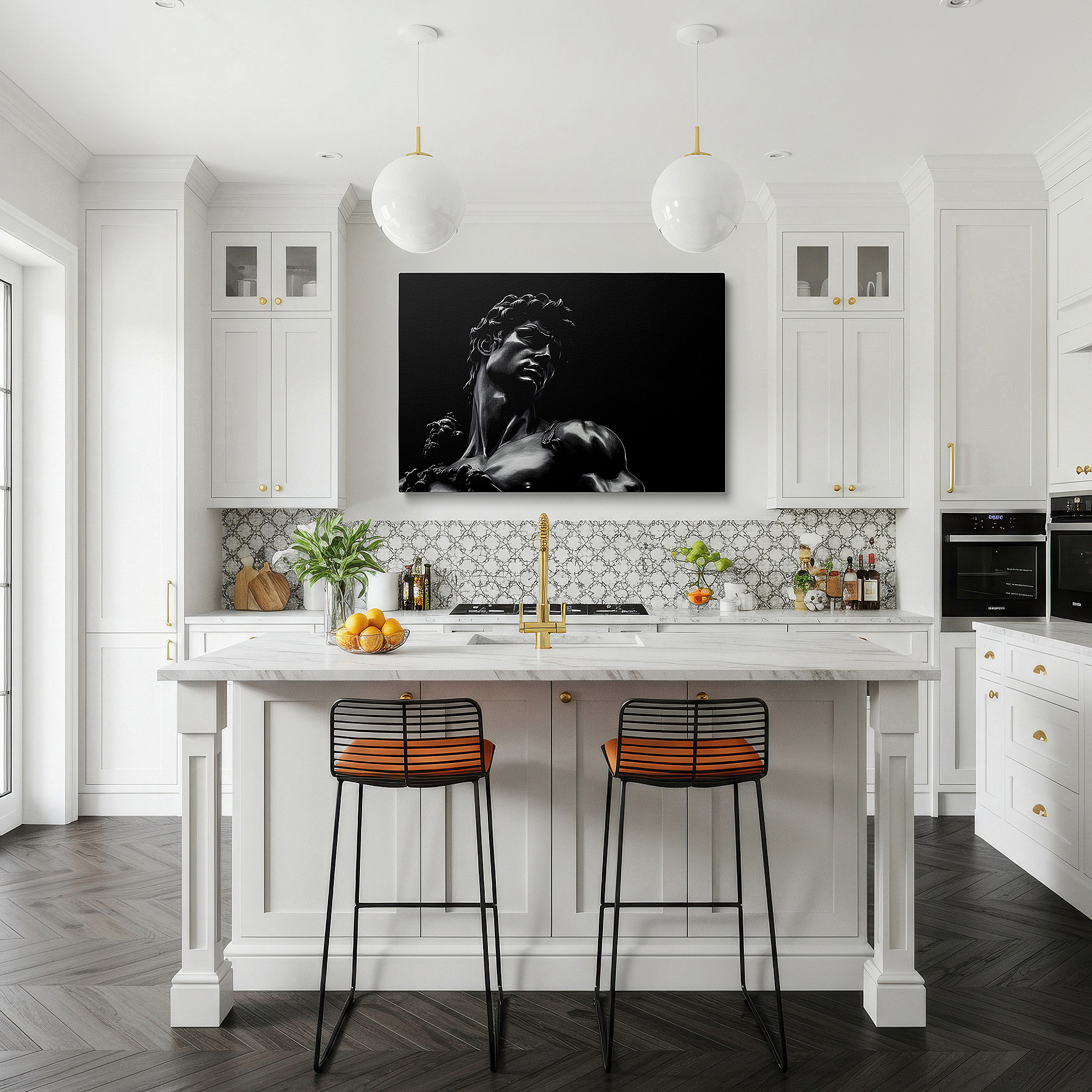 Presented on a clean white gallery wall with ample space — michelangelo's david close-up wall art: a masterpiece of human artistry and spirit - large canvas wall decor for office