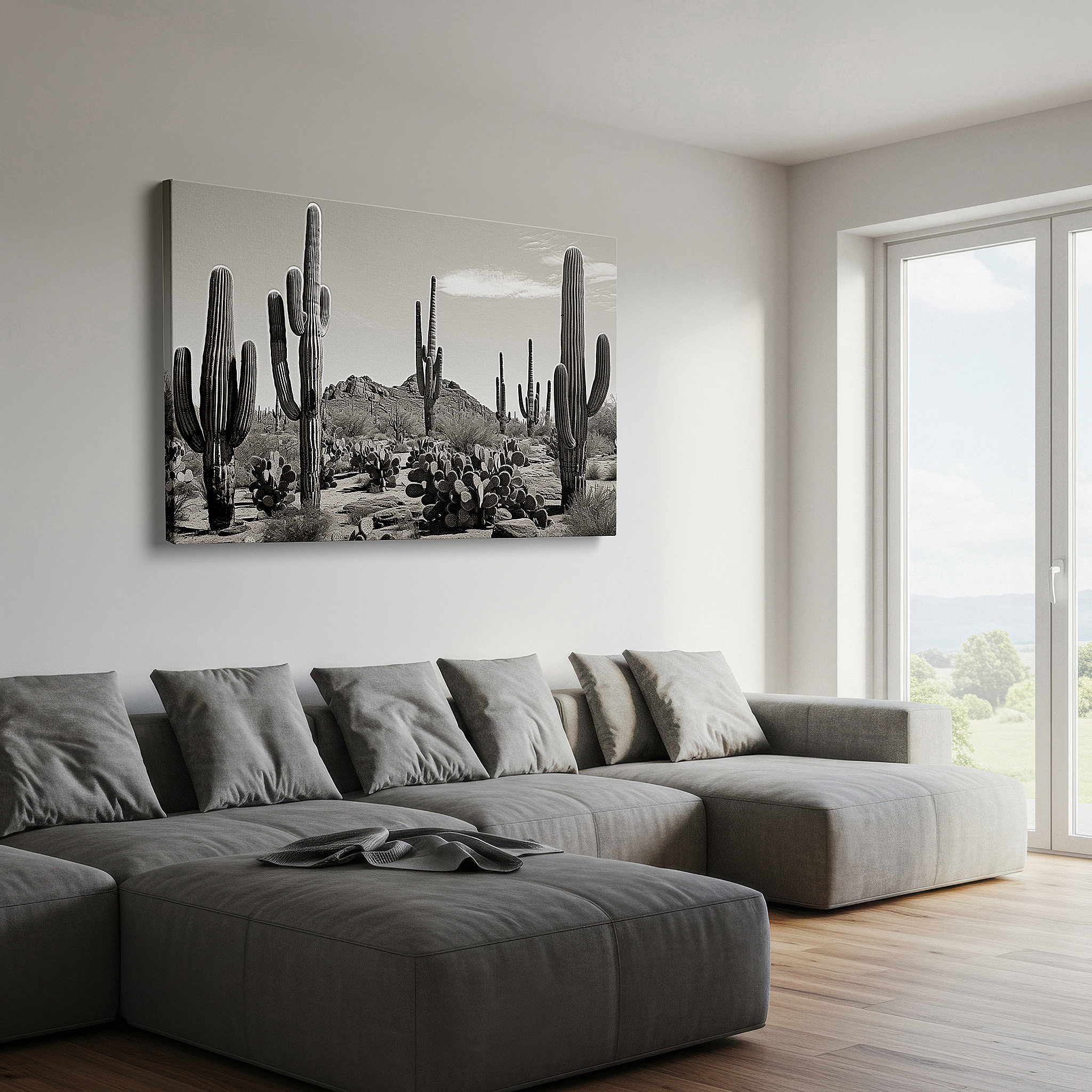 Presented on a clean white gallery wall with ample space — monochrome saguaro cacti majesty in a peaceful desert landscape: large wall art, canvas wall art, wall decor for office and bedroom