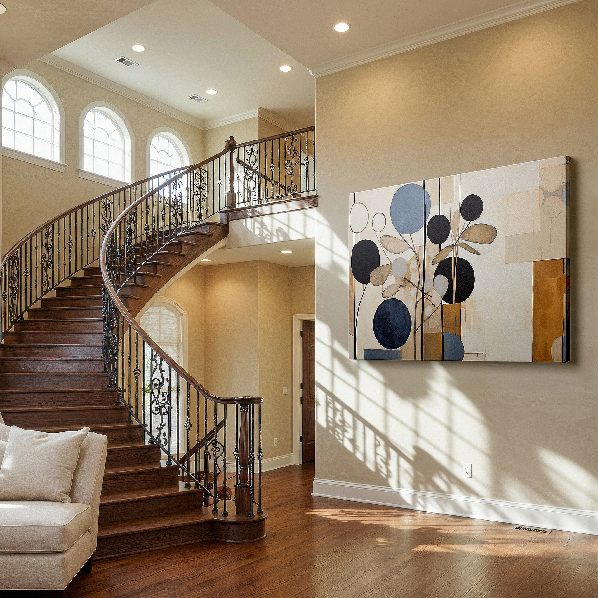 Presented on a clean white gallery wall with ample space — muted geometric harmony: a serene abstract representation of nature's rhythms - large canvas wall art for office decor