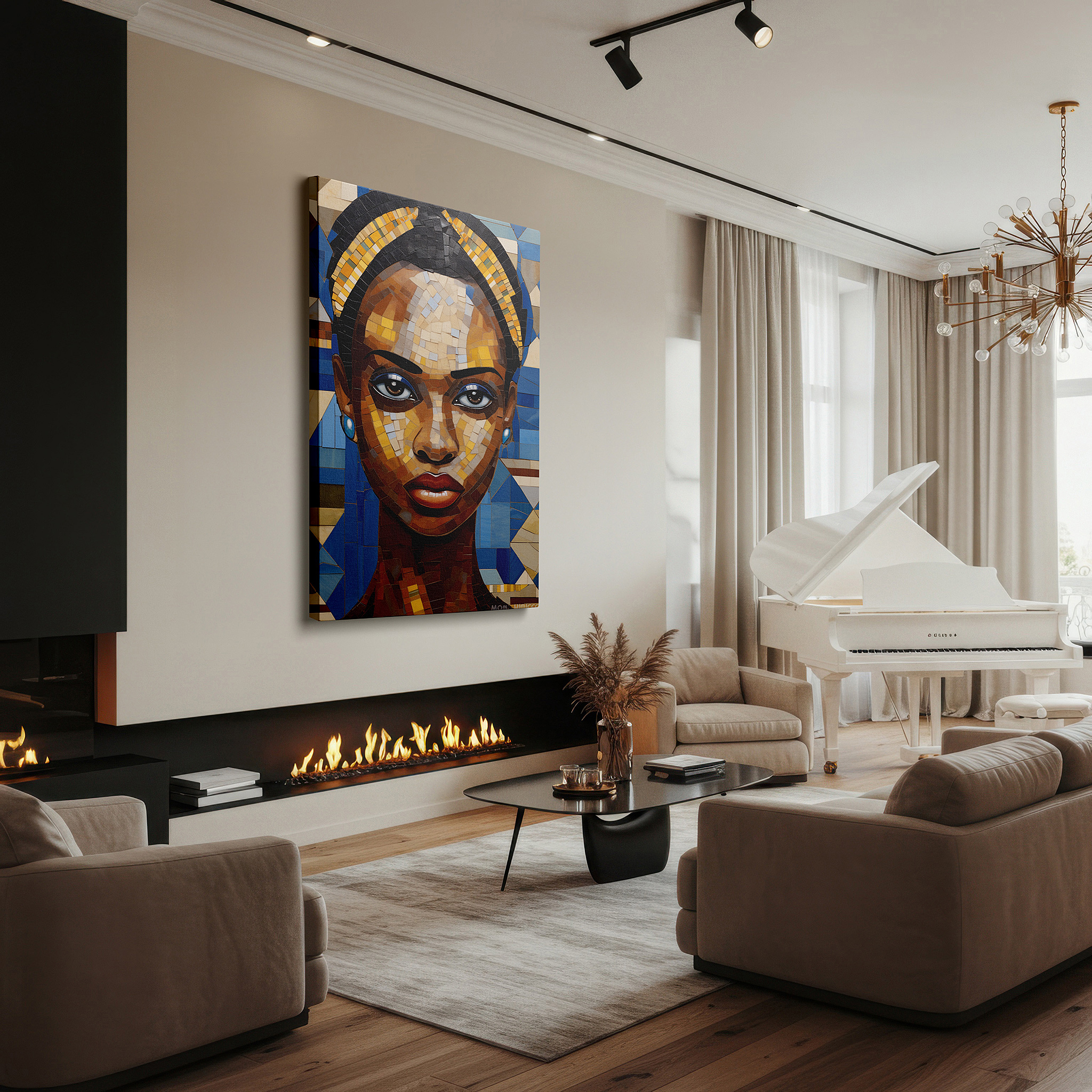 Presented on a clean white gallery wall with ample space — mysterious glance of a mosaic muse: a tapestry of cultural sophistication and eternal charm - large wall art, canvas wall art, wall decor, office wall art