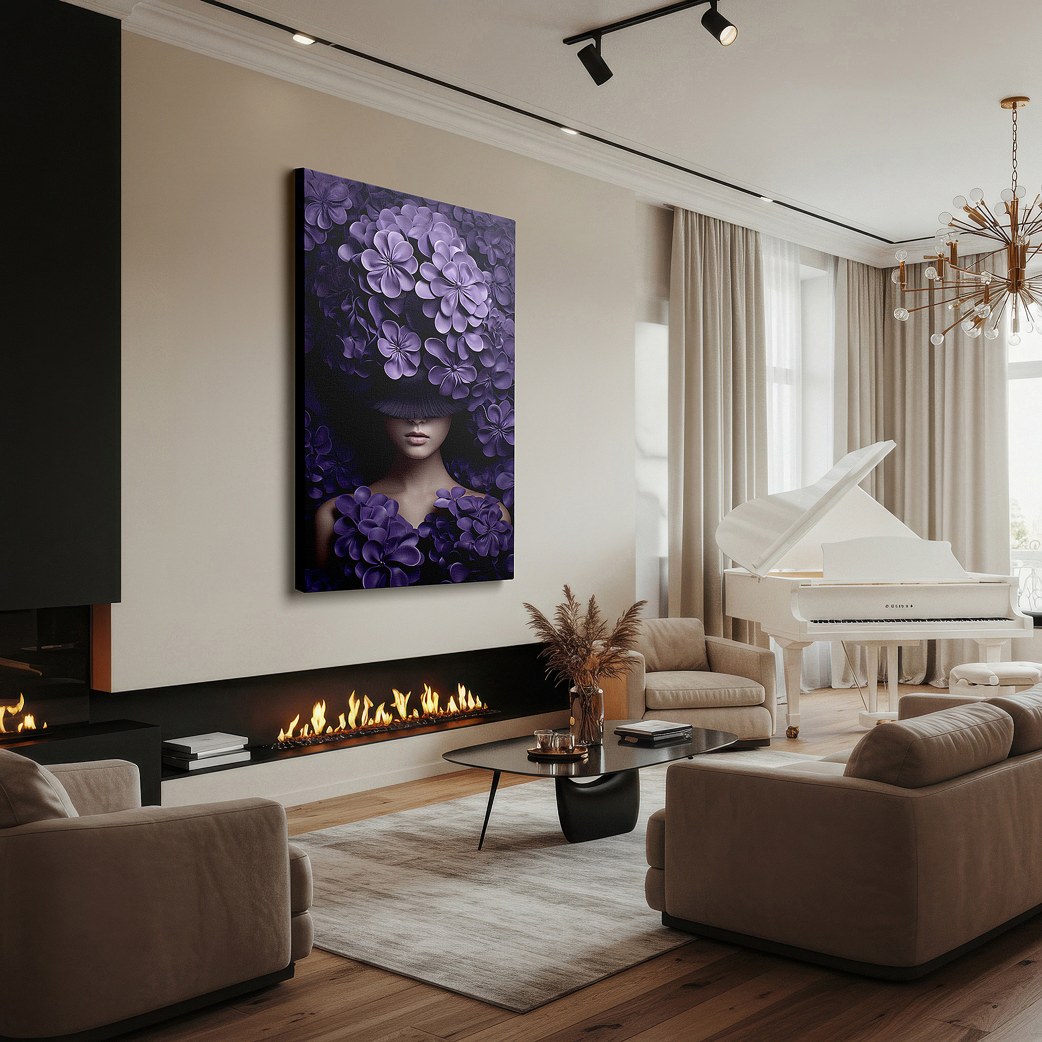 Presented on a clean white gallery wall with ample space — mysterious portrait of a woman shrouded in rich purple flowers, exploring nature and identity, large wall art, canvas wall art, wall decor for office