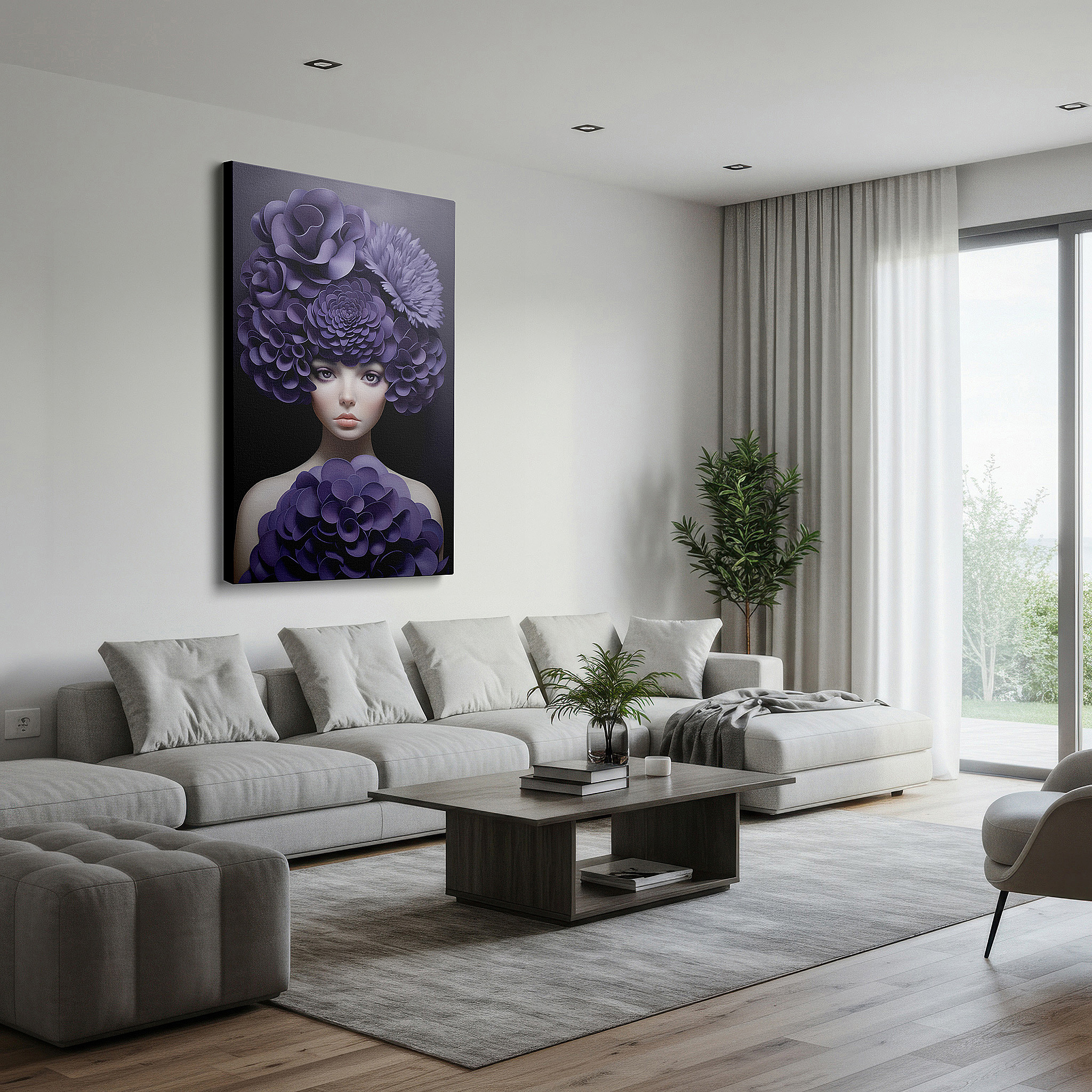 Presented on a clean white gallery wall with ample space — mysterious woman with purple flower crown - blending natural beauty and human enigma large wall art, canvas wall art, wall decor, office wall art
