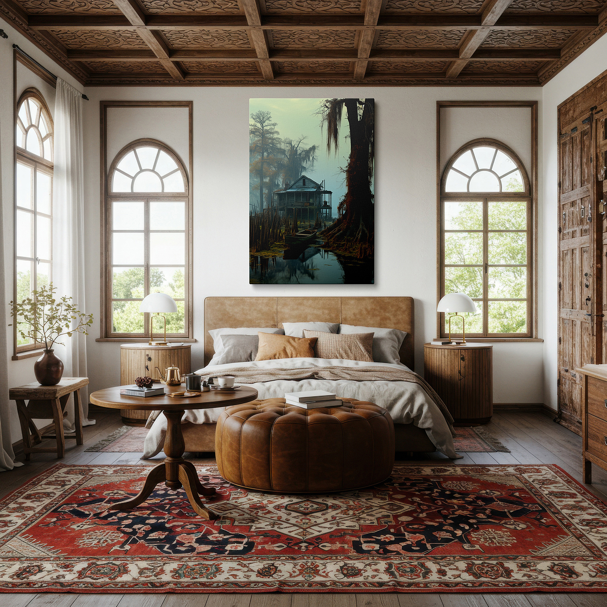 Presented on a clean white gallery wall with ample space — mystical dawn in the swamp: ethereal fog and ancient cypress trees - large wall art, canvas wall art, wall decor for office and bedroom