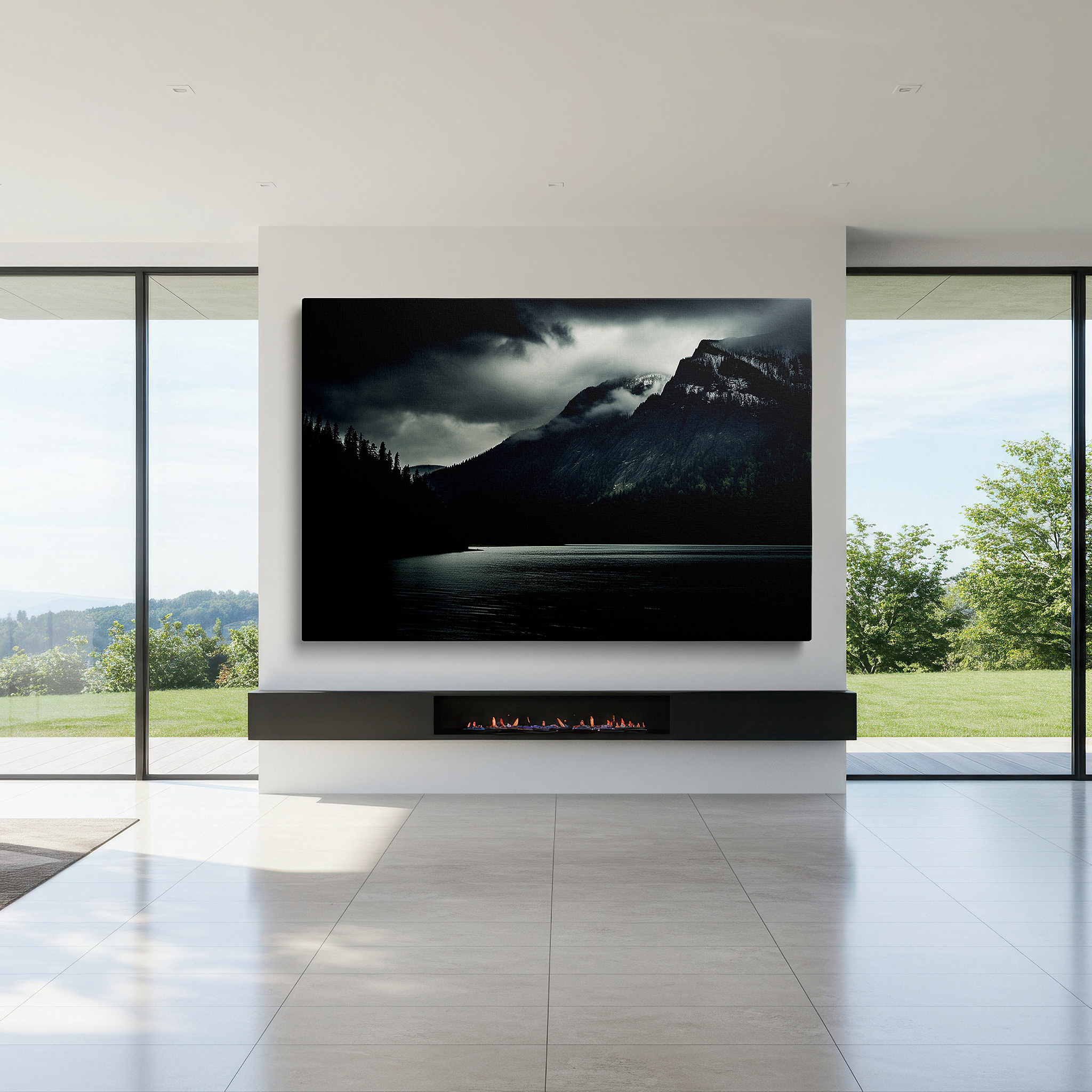 Presented on a clean white gallery wall with ample space — mystical mountain peaks and tranquil waters canvas print, large wall decor for office and bedroom