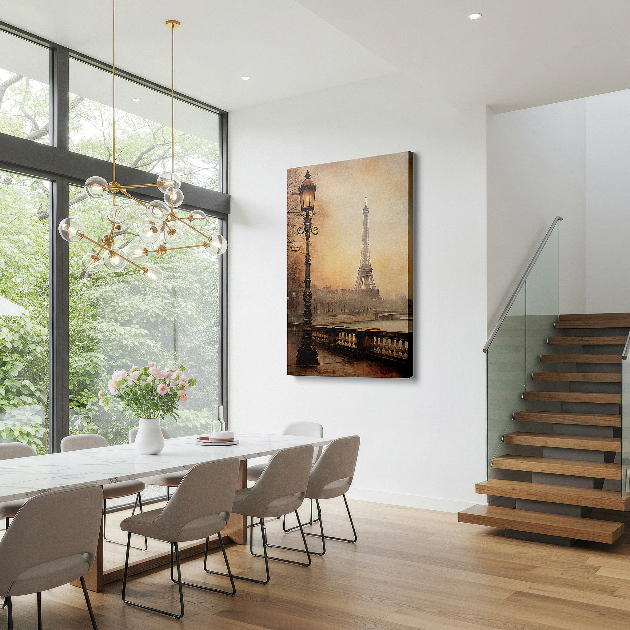Presented on a clean white gallery wall with ample space — mystical parisian night with foggy eiffel tower and lit seine river large wall art, canvas wall art, wall decor for office and bedroom