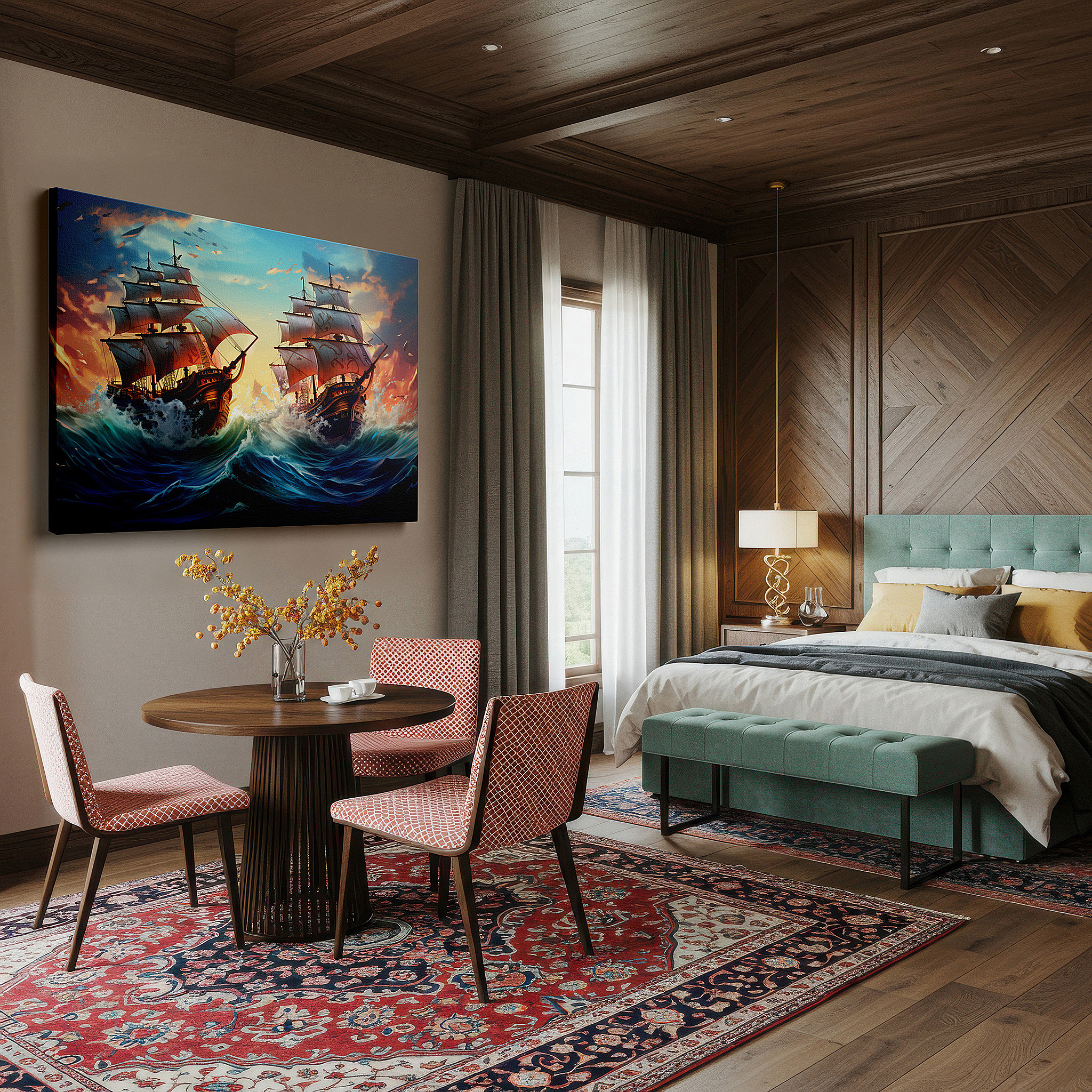 Presented on a clean white gallery wall with ample space — naval battle excellence: stunning maritime combat scene, oversized canvas wall art for home and office decor