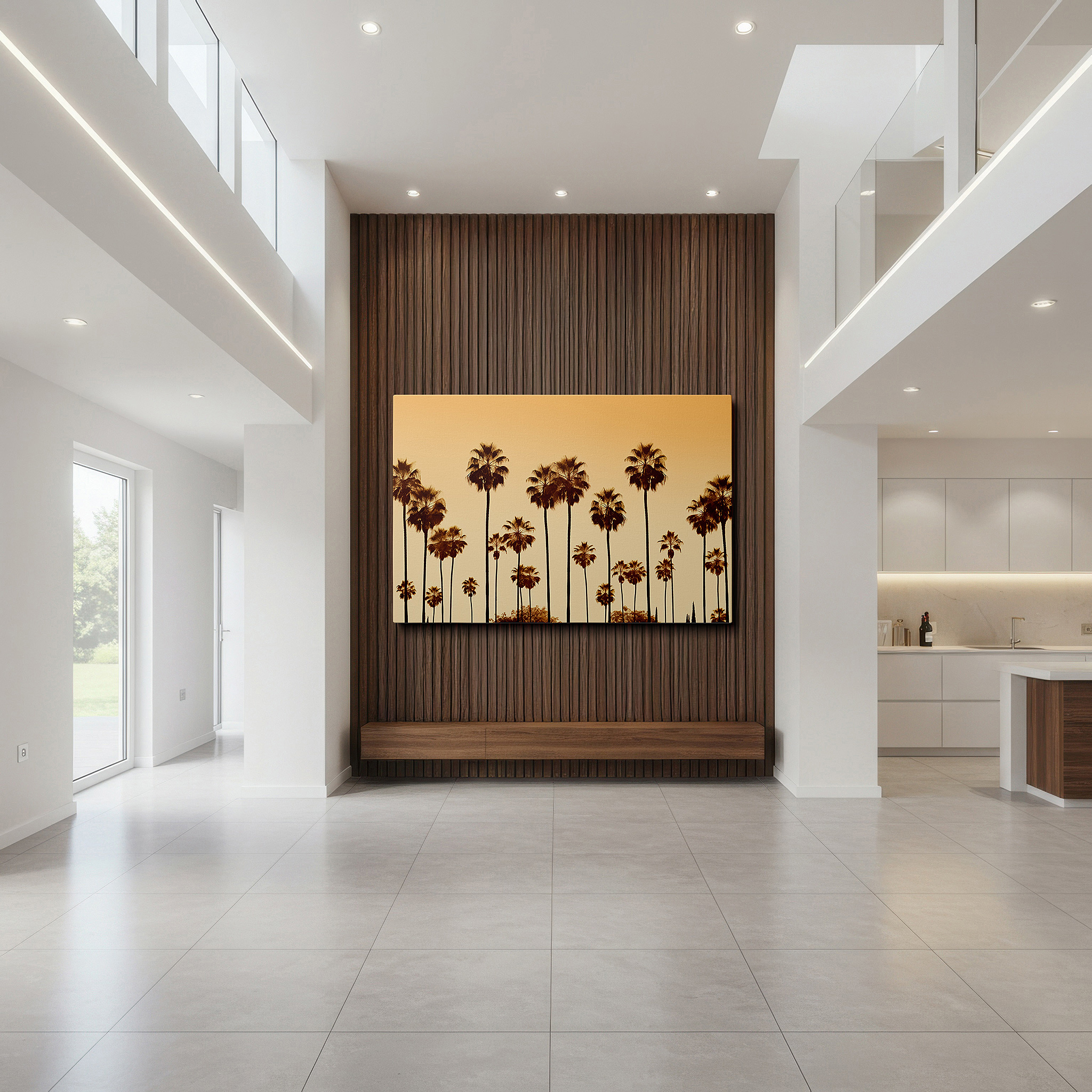 Presented on a clean white gallery wall with ample space — palm trees silhouetted against a golden-orange sky, tranquil tropical escape large wall art, canvas wall art, wall decor for office and bedroom