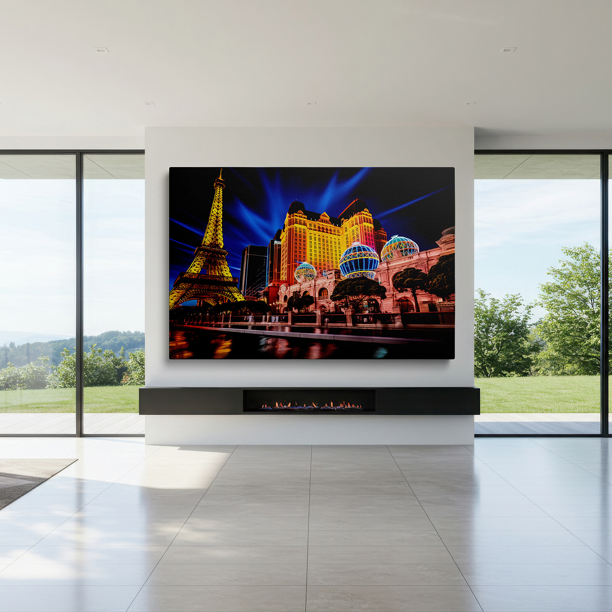 Presented on a clean white gallery wall with ample space — paris at night - vibrant cityscape and illuminated eiffel tower large wall art, canvas wall art, wall decor for office