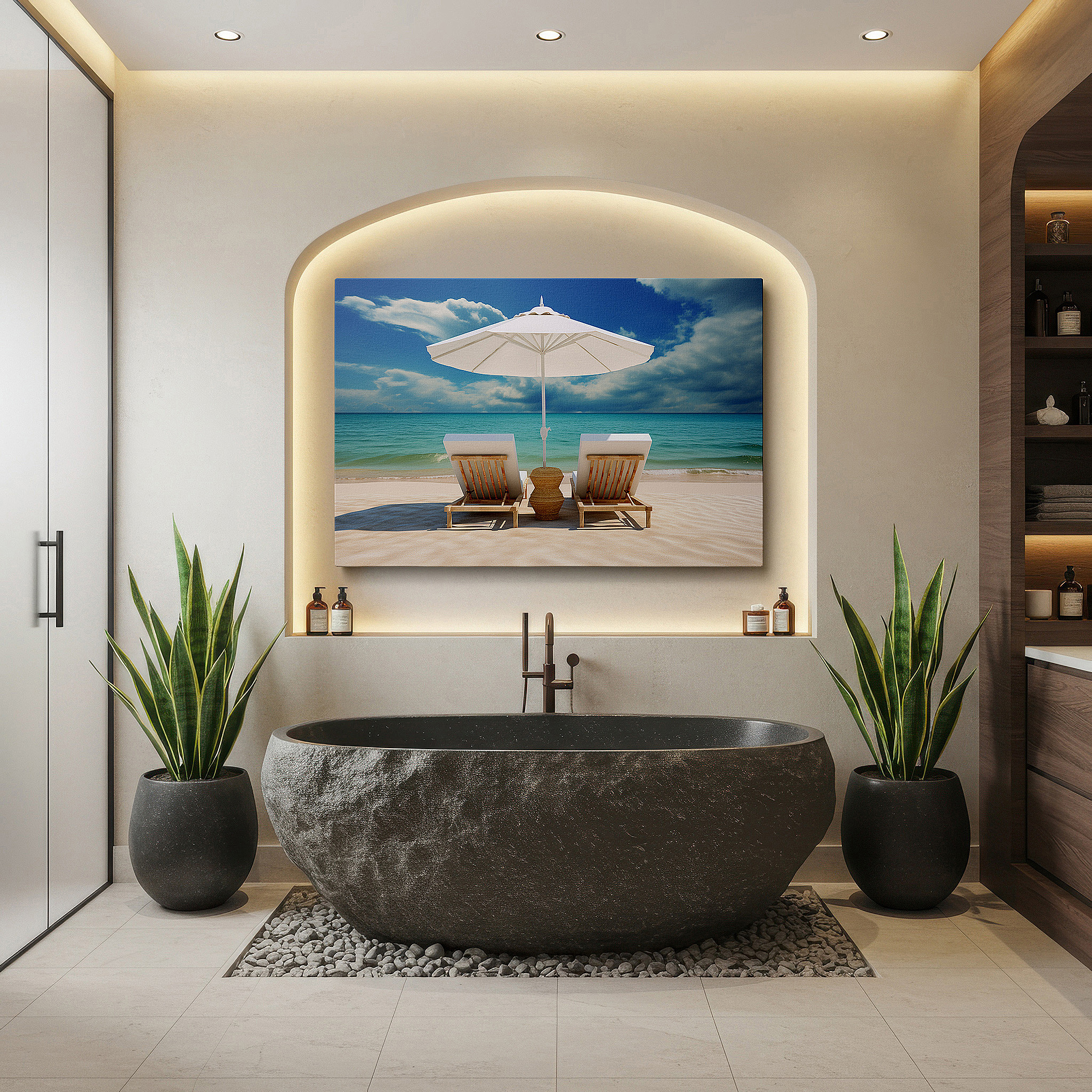 Presented on a clean white gallery wall with ample space — peaceful beach scene with chairs under a white umbrella, tranquil coastal symphony large wall art, canvas wall art, wall decor for office