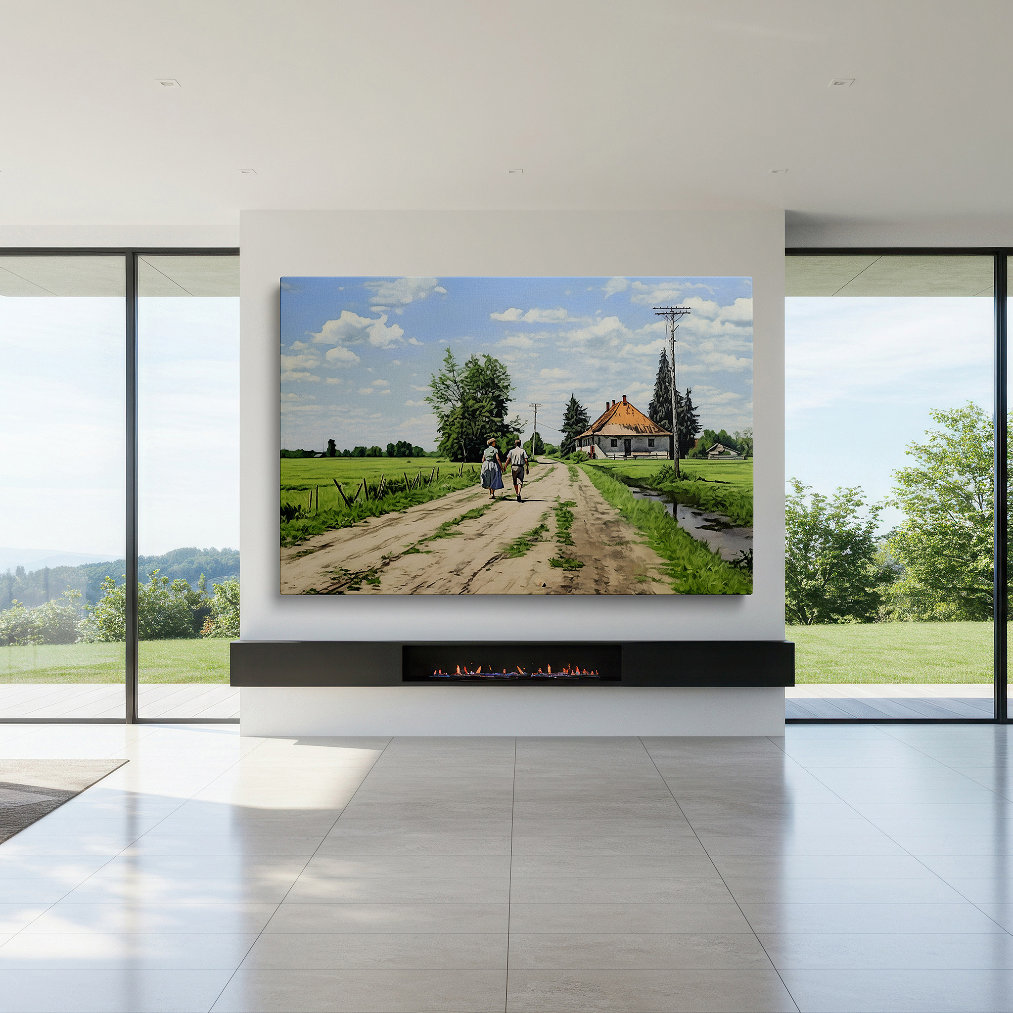 Presented on a clean white gallery wall with ample space — peaceful walk through nature's mosaic, celebrating friendship beneath the expansive blue sky - large wall art, canvas wall art, wall decor for office