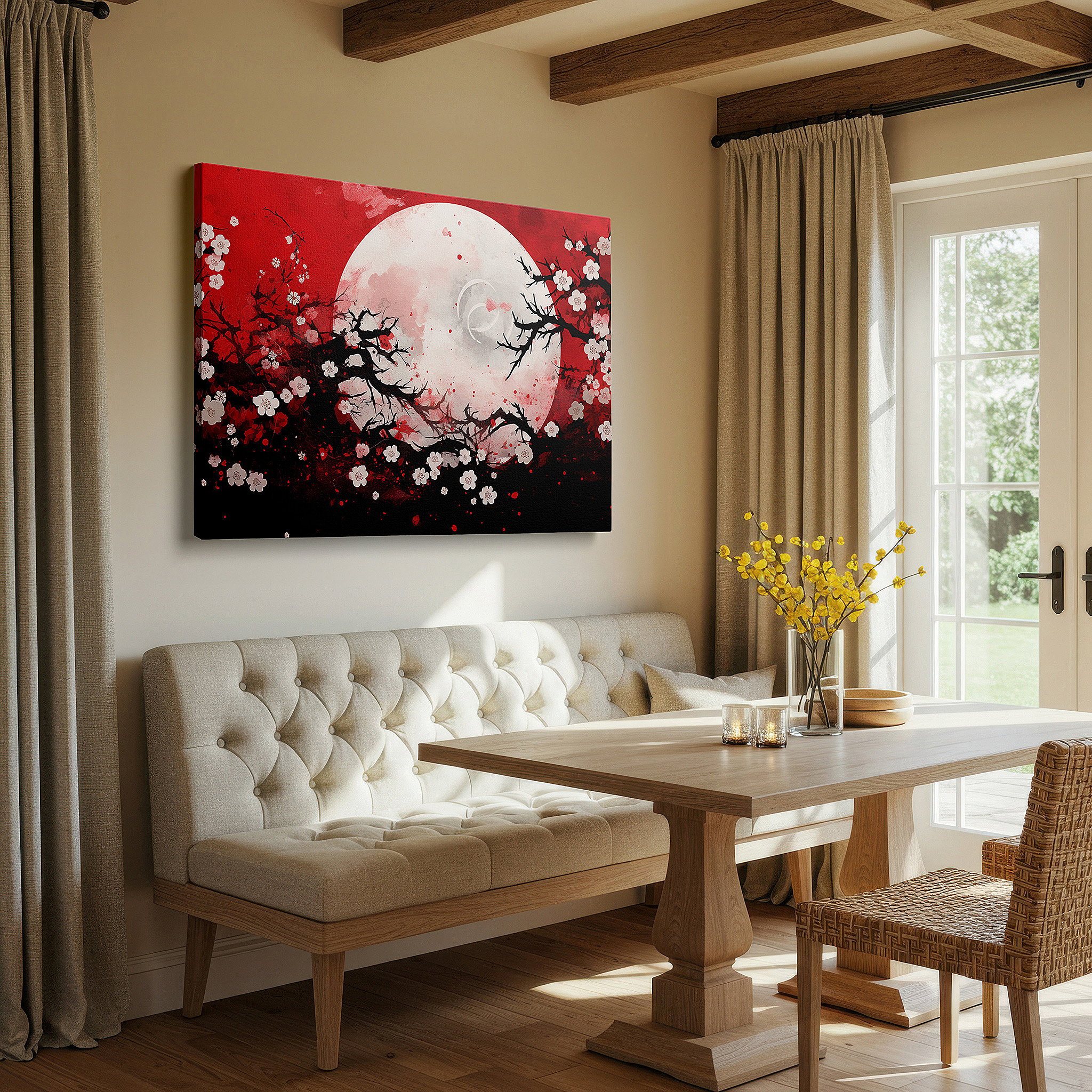 Presented on a clean white gallery wall with ample space — red landscape with glowing moon and cherry blossoms - a captivating mix of passion and peace large wall art, canvas wall art, wall art