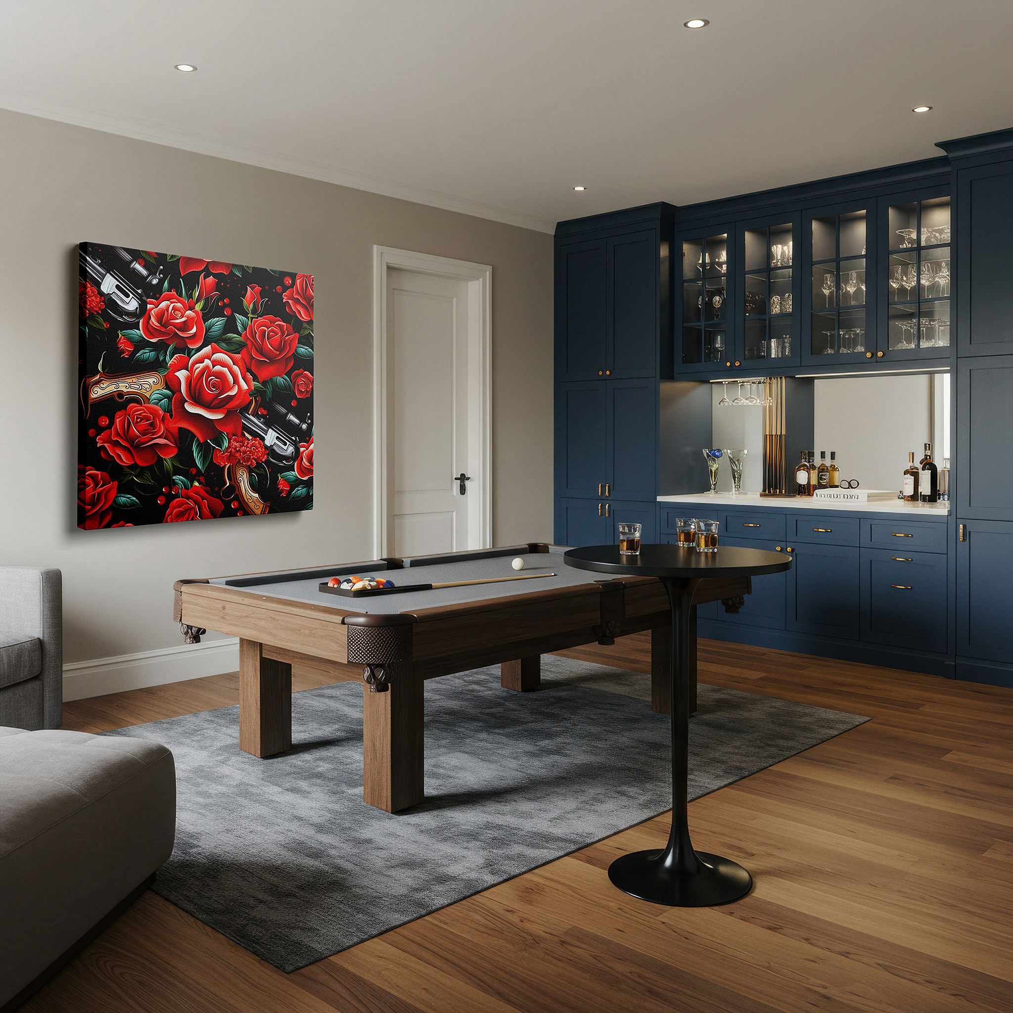 Presented on a clean white gallery wall with ample space — roses and guns: a bold contrast of softness and peril - oversized wall art, canvas art, home and office decor