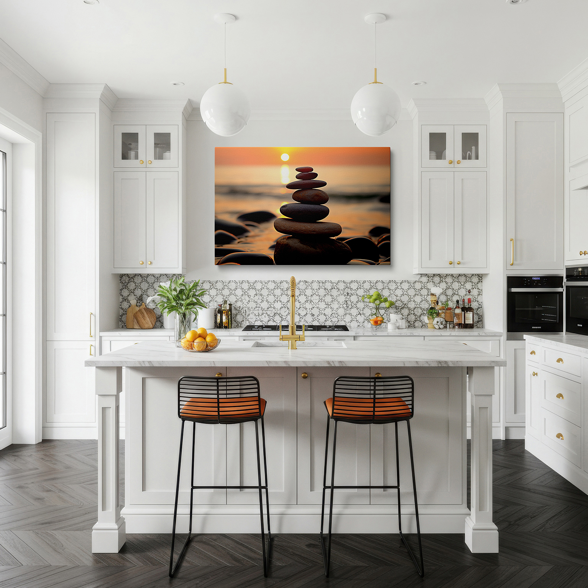Presented on a clean white gallery wall with ample space — serene beach sunset and balanced stone stack canvas wall art for office, bedroom, and living room decor