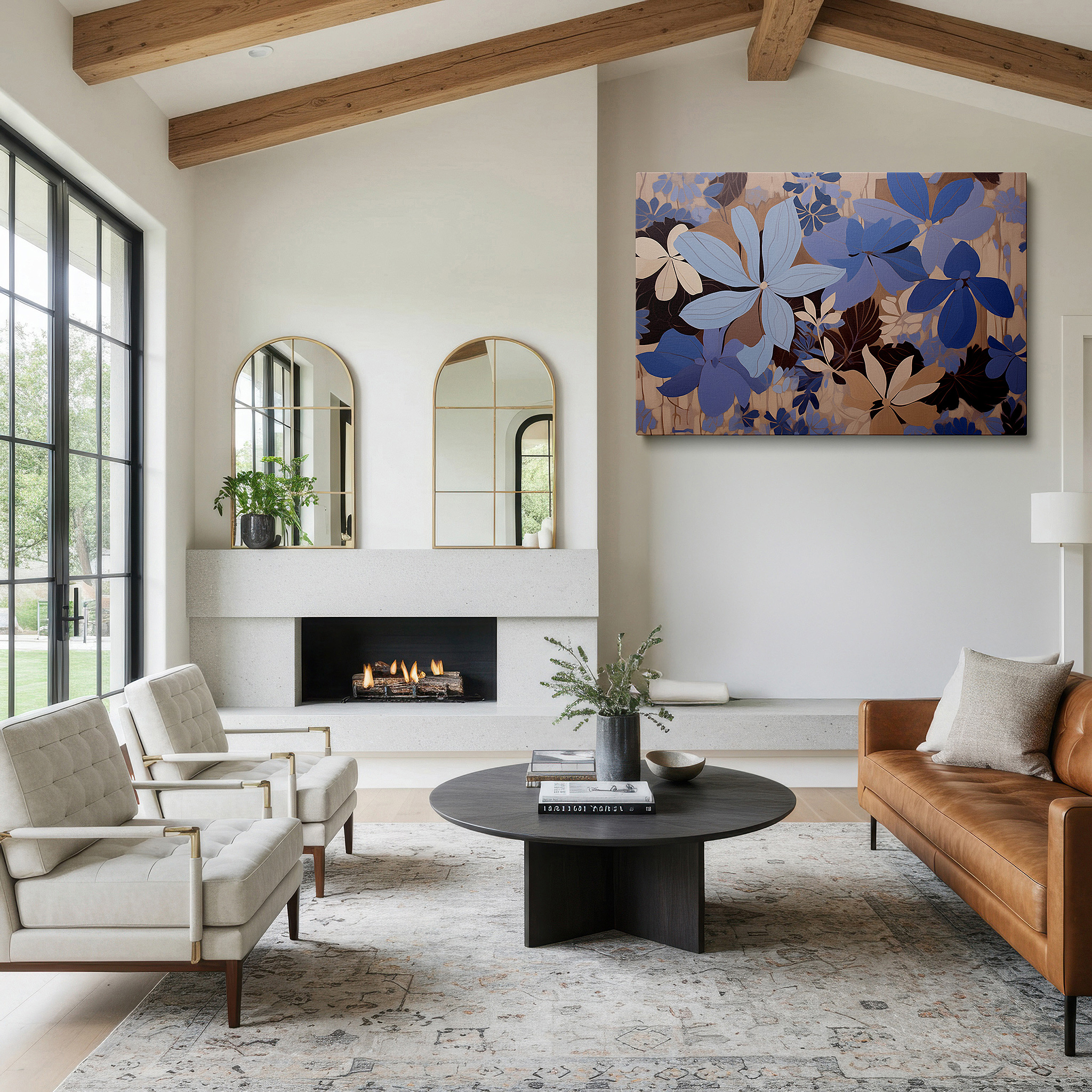 Presented on a clean white gallery wall with ample space — serene blue floral elegance featuring tranquil hydrangeas and soft foliage: large canvas wall art for office and bedroom decor